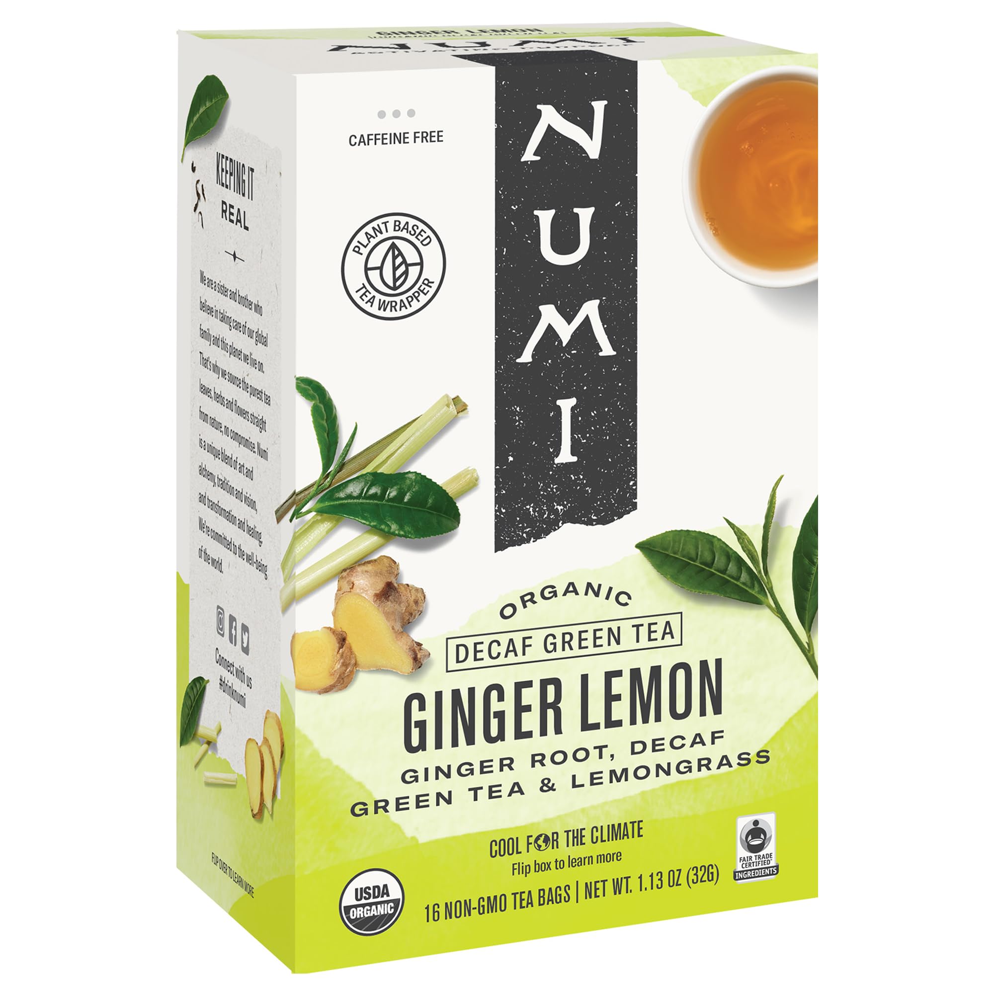 Numi Organic Ginger Lemon Decaf Green Tea Bags, 16 Count (Pack of 6) - 96 Total Tea Bags | Herbal Wellness Drink for Relaxation & Digestion Support