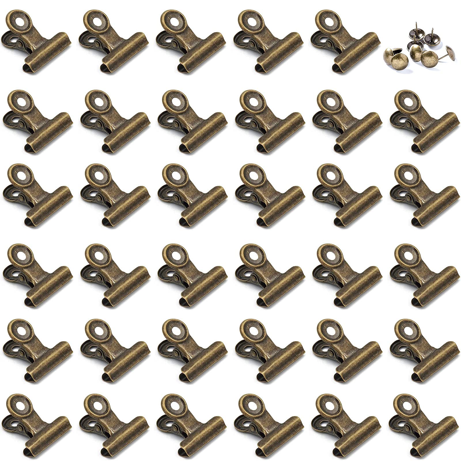 32 Pack 1 Inch Bronze Metal Clips with Push Pins - Bulldog Clips for Hanging Pictures, Small Hinge Clips for Photos & Crafts, Mini Binder Clips for Office, School & Home Organization - Perfect for Corkboards, Bulletin Boards, Scrapbooking & Wall Decor