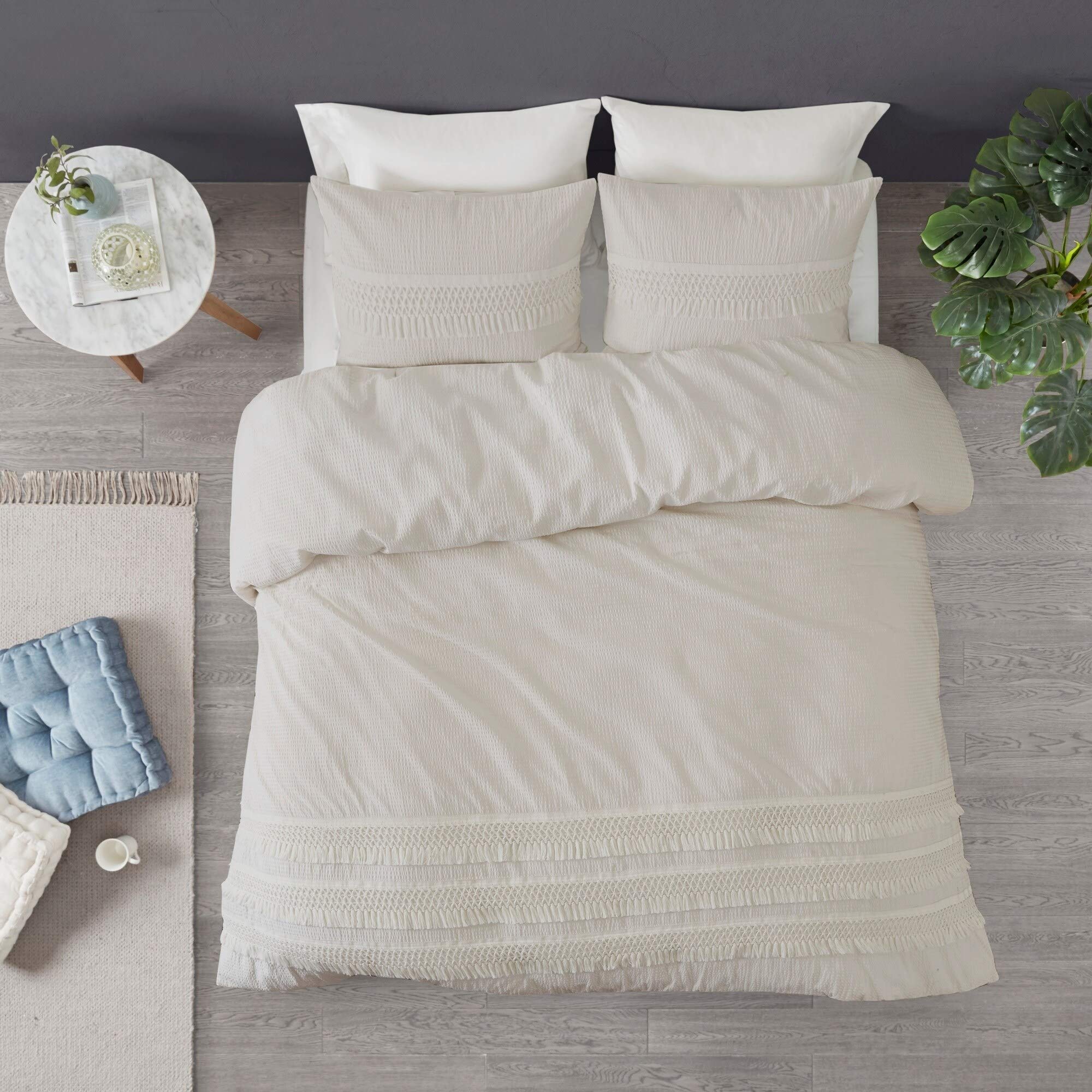 Ivory White Seersucker Duvet Cover King/Cal King Set - 100% Cotton Farmhouse Bedding for Shabby Chic & Country Charm - 3 Piece Set | Perfect for Guest Rooms, Master Bedrooms & Cozy Farmhouse Decor