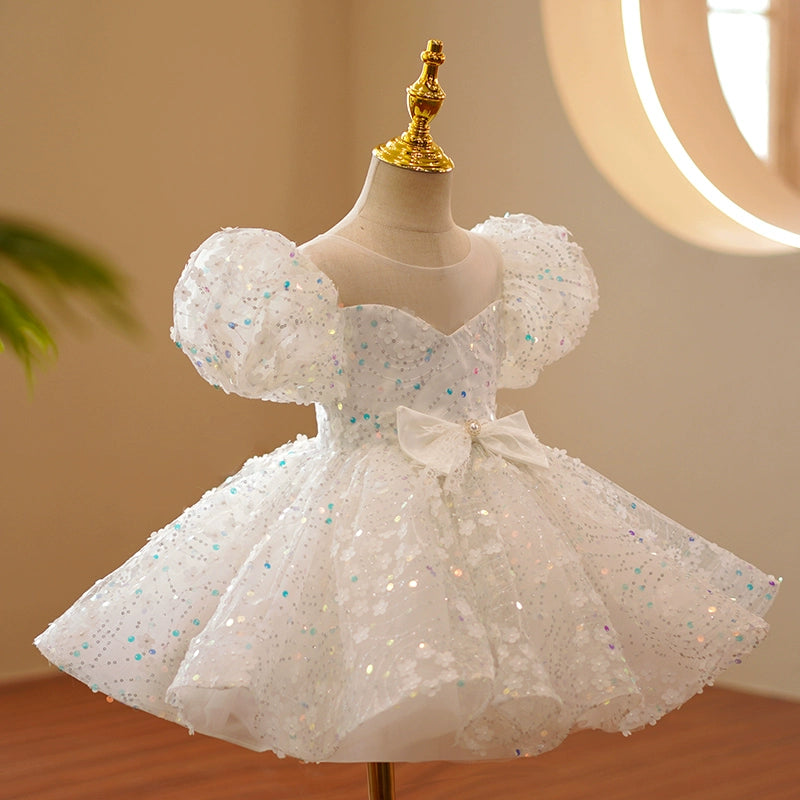 Princess Sweetheart Tea Length Organza Flower Girl Dress in White - Perfect for Weddings, Bridal Showers & Special Occasions