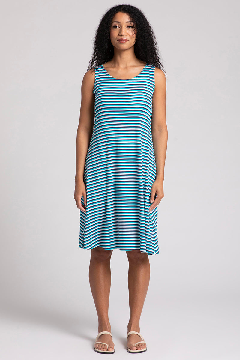 Women's Bamboo Tank Dress Short Sleeve - Blue Multi Color Floral Print | Casual Summer Beach Dress for Vacation, Outing, and Daily Wear