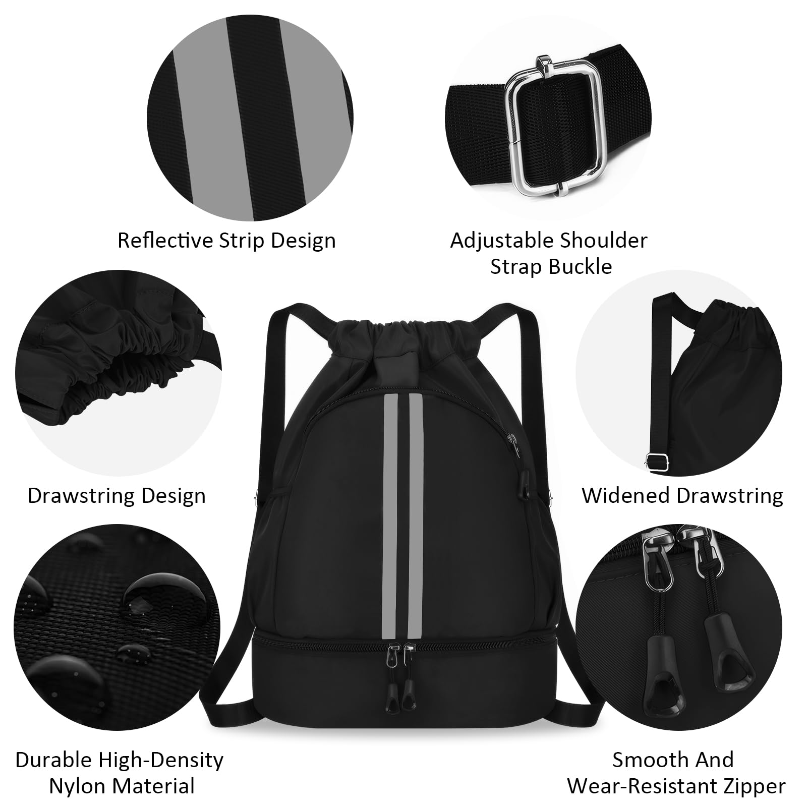 MEYDLL Gym Backpack - Large Capacity Waterproof Drawstring Bag with Reflective Stripes & Side Pockets for Men & Women - Perfect for Workout, Travel & Outdoor Sports