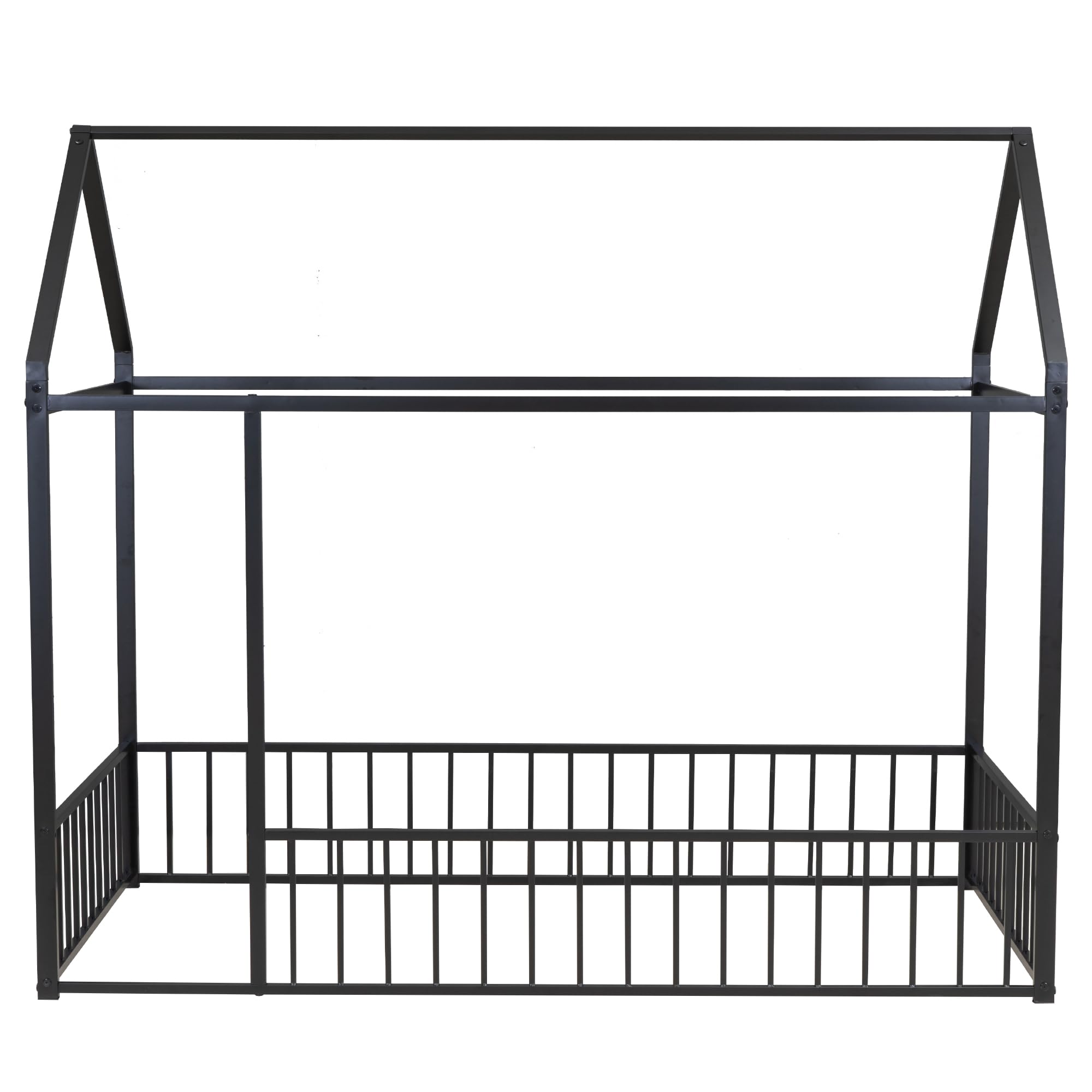 SOFTSEA Twin Size Metal Bed Frame with Fence - Sturdy House-Shaped Floor Bed with Safety Railings for Kids | Perfect for Bedrooms, Playrooms & Montessori Spaces (Black)