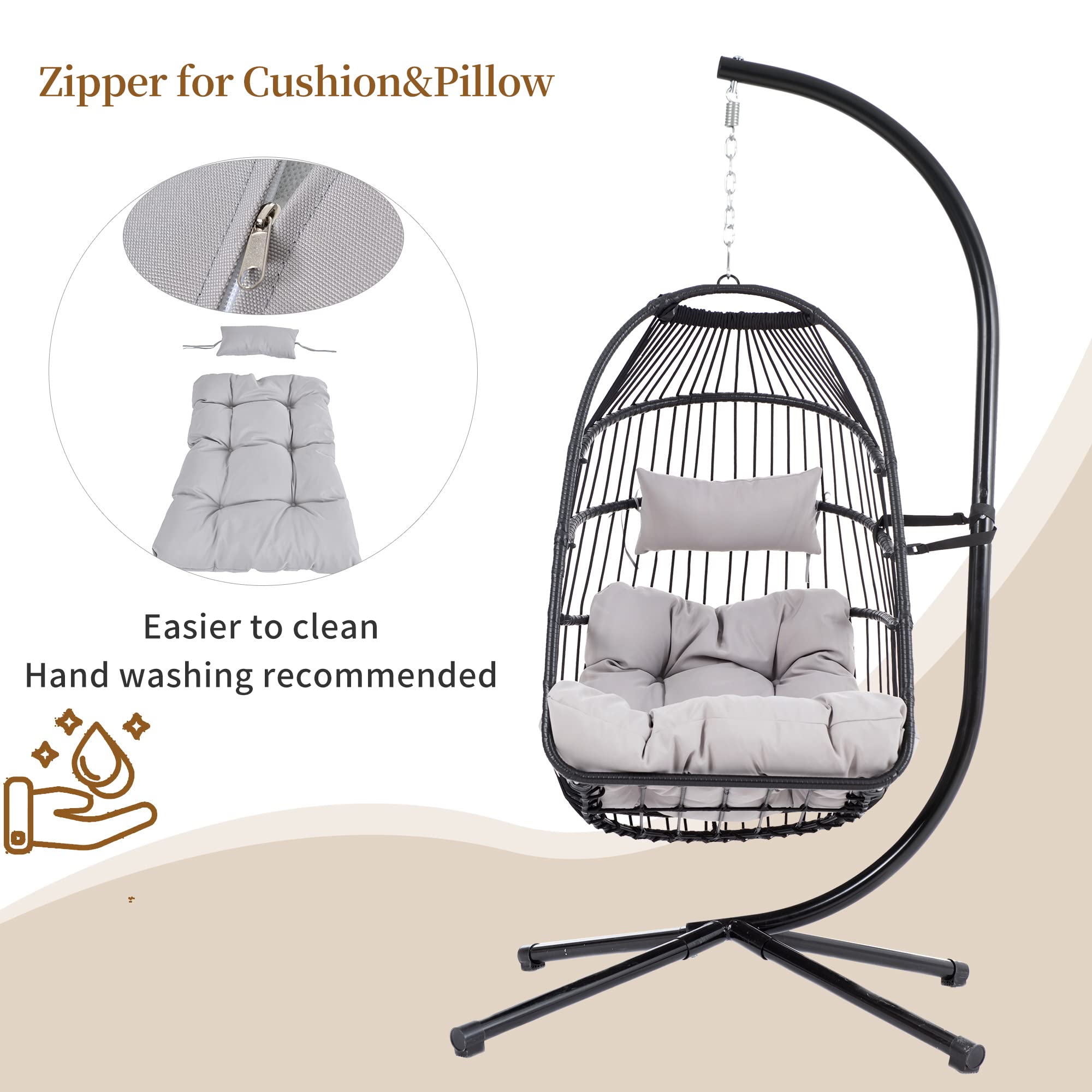 Outdoor Hanging Egg Chair - Foldable PE Rattan Wicker Swing Hammock with Steel Stand & Comfort Cushion for Patio, Balcony, Porch, Bedroom - Perfect for Relaxing, Reading & Lounging (Gray)