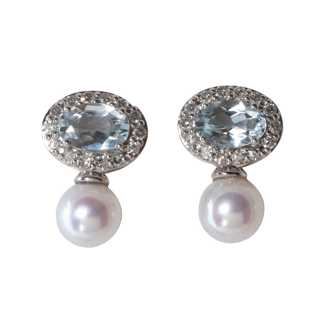 14K White Gold Freshwater Pearl, Aquamarine & Diamond Earrings for Women - Elegant Jewelry Gift for Wedding, Anniversary & Special Occasions