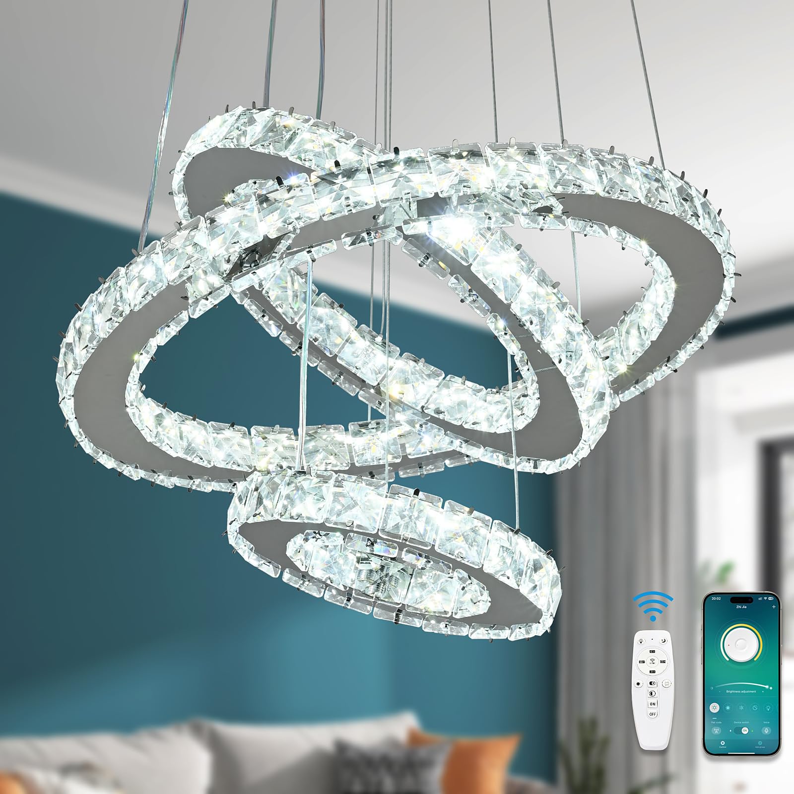 Naoeoon Modern LED Crystal Chandelier - 48W Dimmable Pendant Light with 3 Crystal Rings, 3000K-6500K Color Temperature, 9100LM Brightness for Dining Room, Kitchen Island & Foyer Lighting
