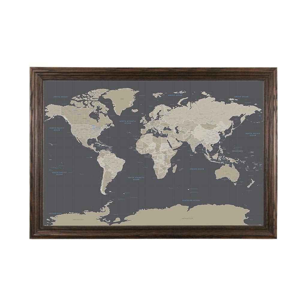 Custom Push Pin Travel Map - Handcrafted Solid Wood Framed World Map with 150 Pins - Earth Tone Wall Decor for Home Office - 27.5