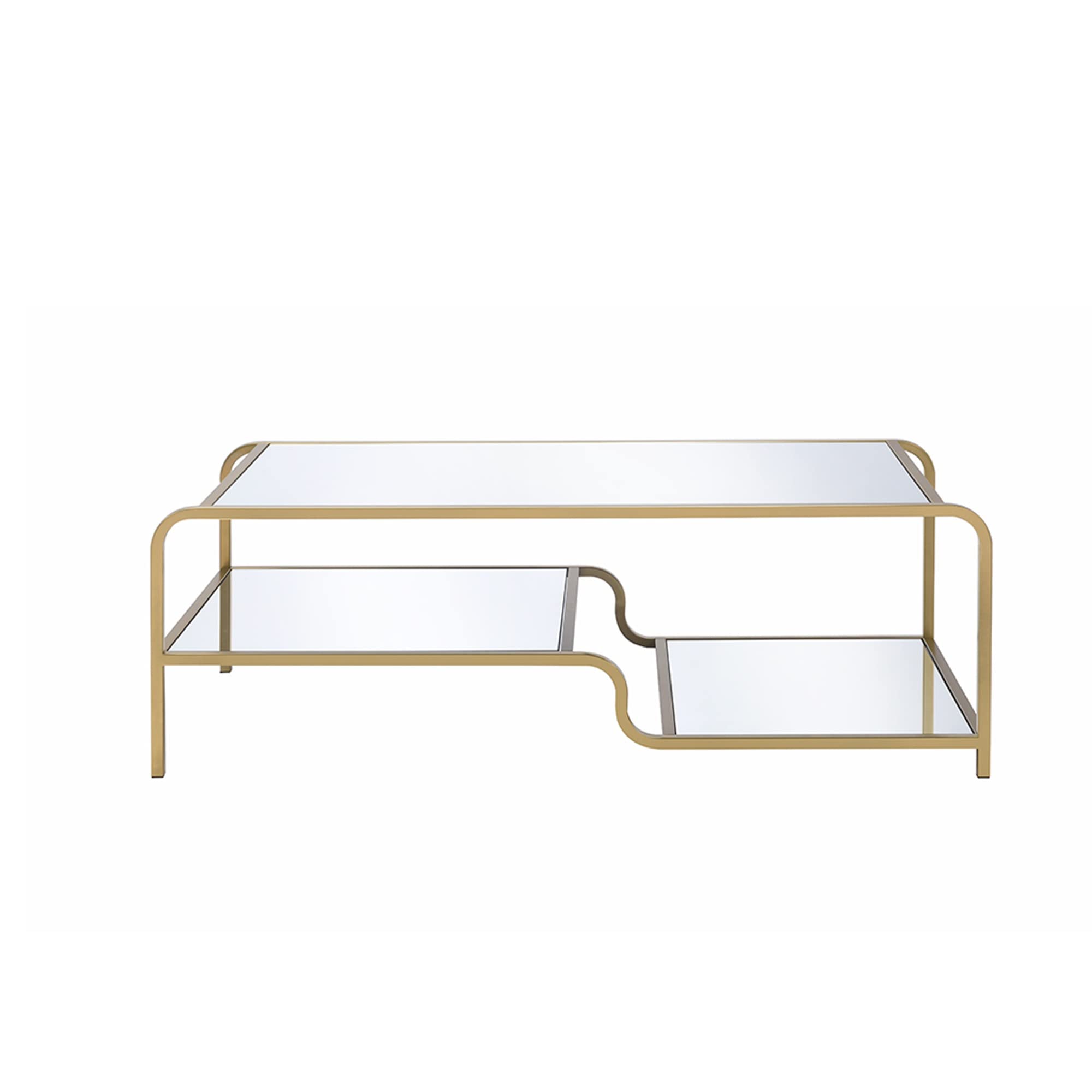 Benjara Gold and Clear Mirror Coffee Table with Tiered Shelves - Modern Living Room Centerpiece for Home Decor and Storage