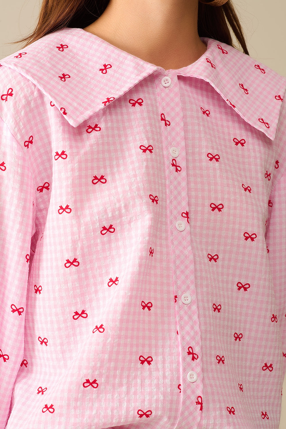 Claudine Collar Vichy Rose Print Blouse with Bow Knots - Perfect for Office Wear, Casual Outfits, and Spring Summer Fashion