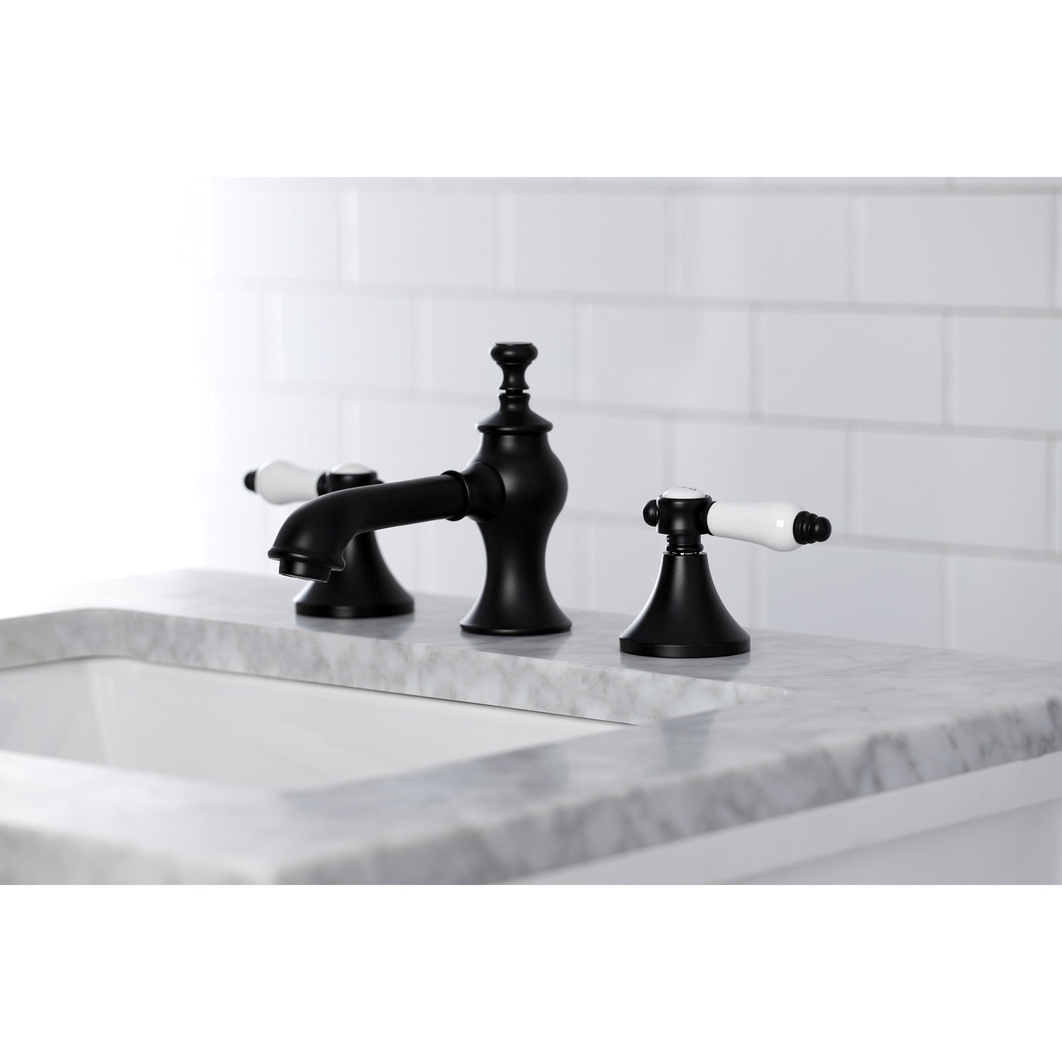 Bel Air KC7060BPL Matte Black Widespread Bathroom Faucet - 2 Handle 3 Hole Deck Mount with Brass Pop Up Drain - Perfect for Modern Bathroom Renovations and Vanity Upgrades