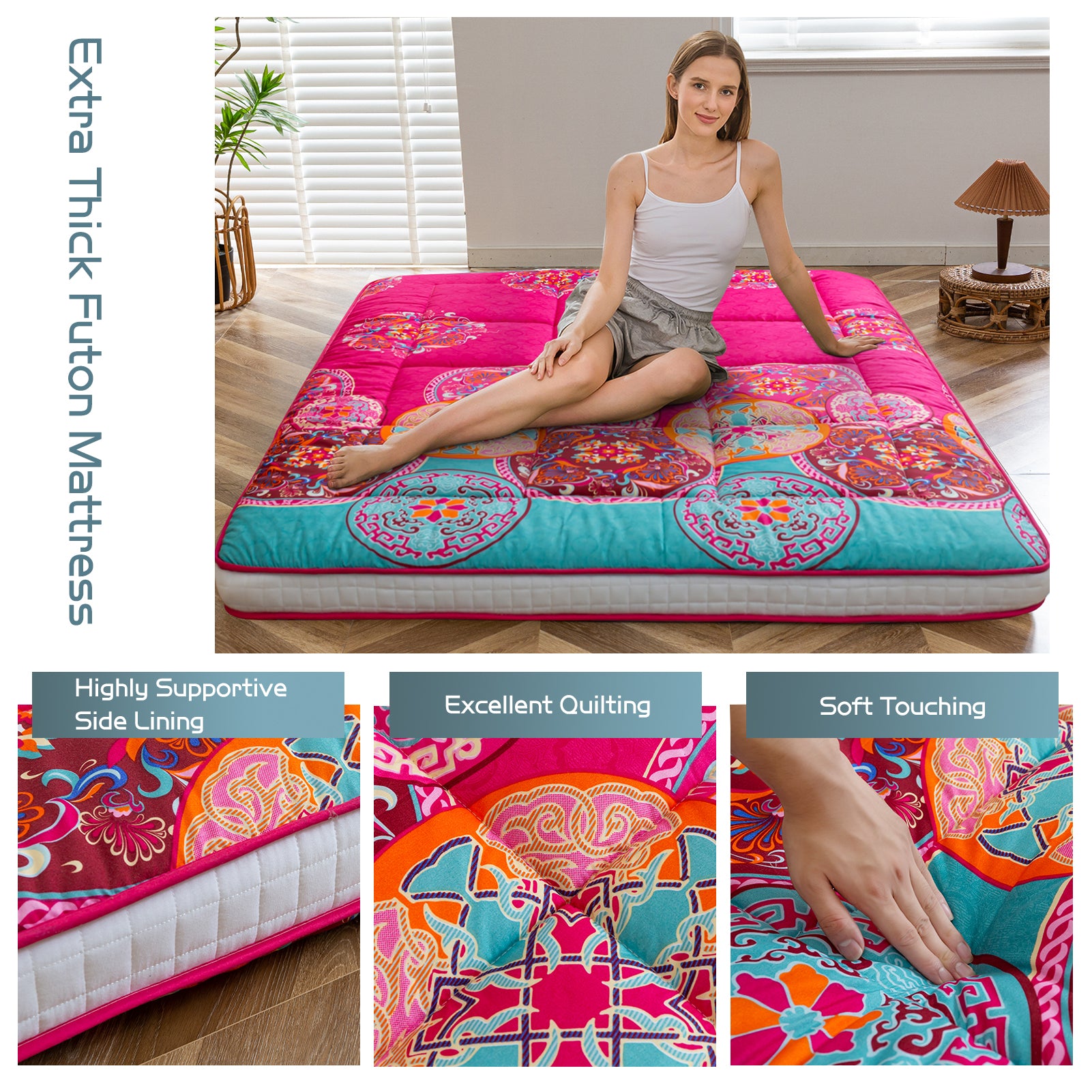 MAXYOYO Padded Japanese Floor Mattress - Bohemian Style Futon for Home & Outdoor Use | Comfortable Floor Sleeping Mat for Guest Room, Camping, and Lounging