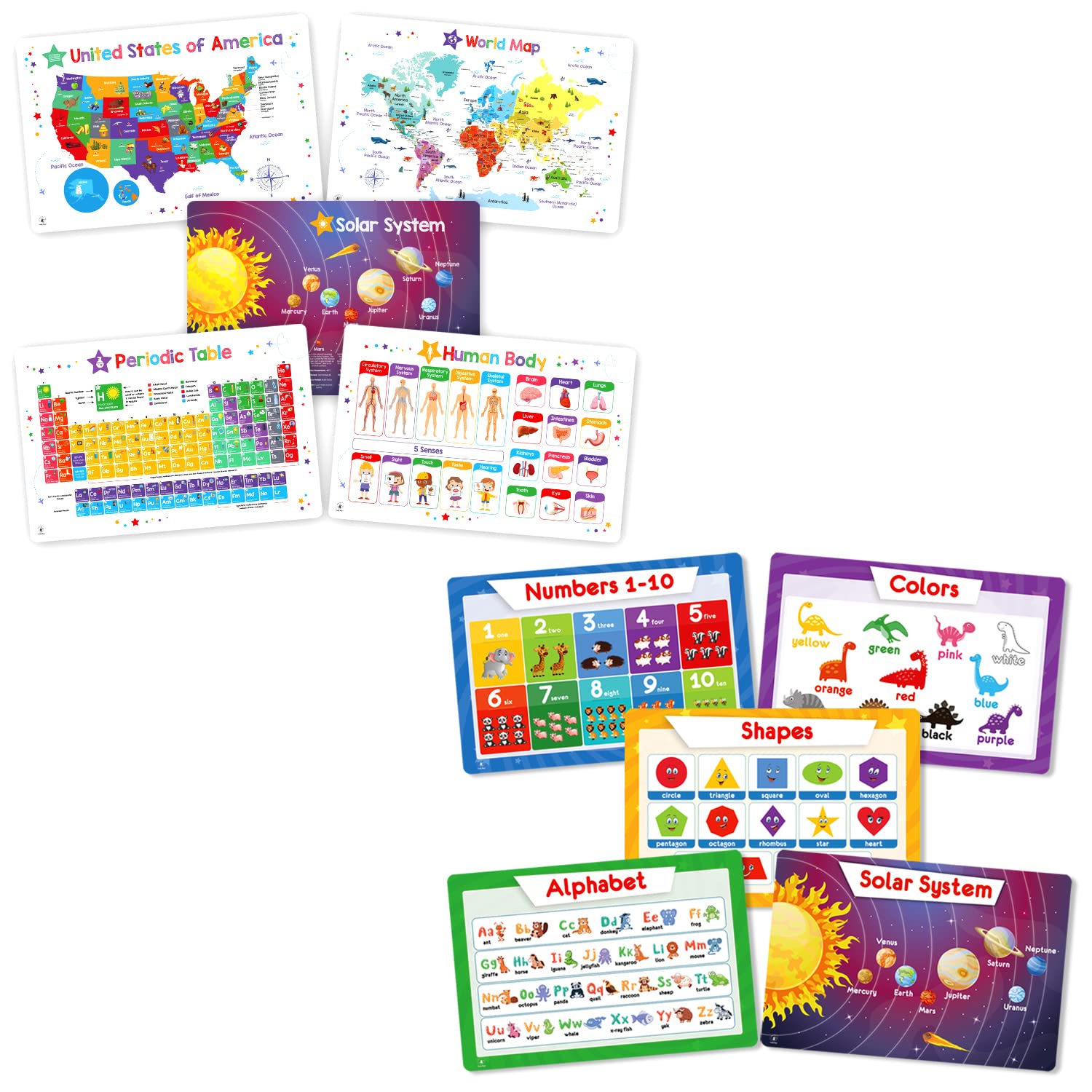 10 Pack Kids Placemats - 2 Sets of 5 Non-Slip Simply Magic Placemats for Children | Waterproof & Reusable for Dining Table, School Lunch, and Party Use