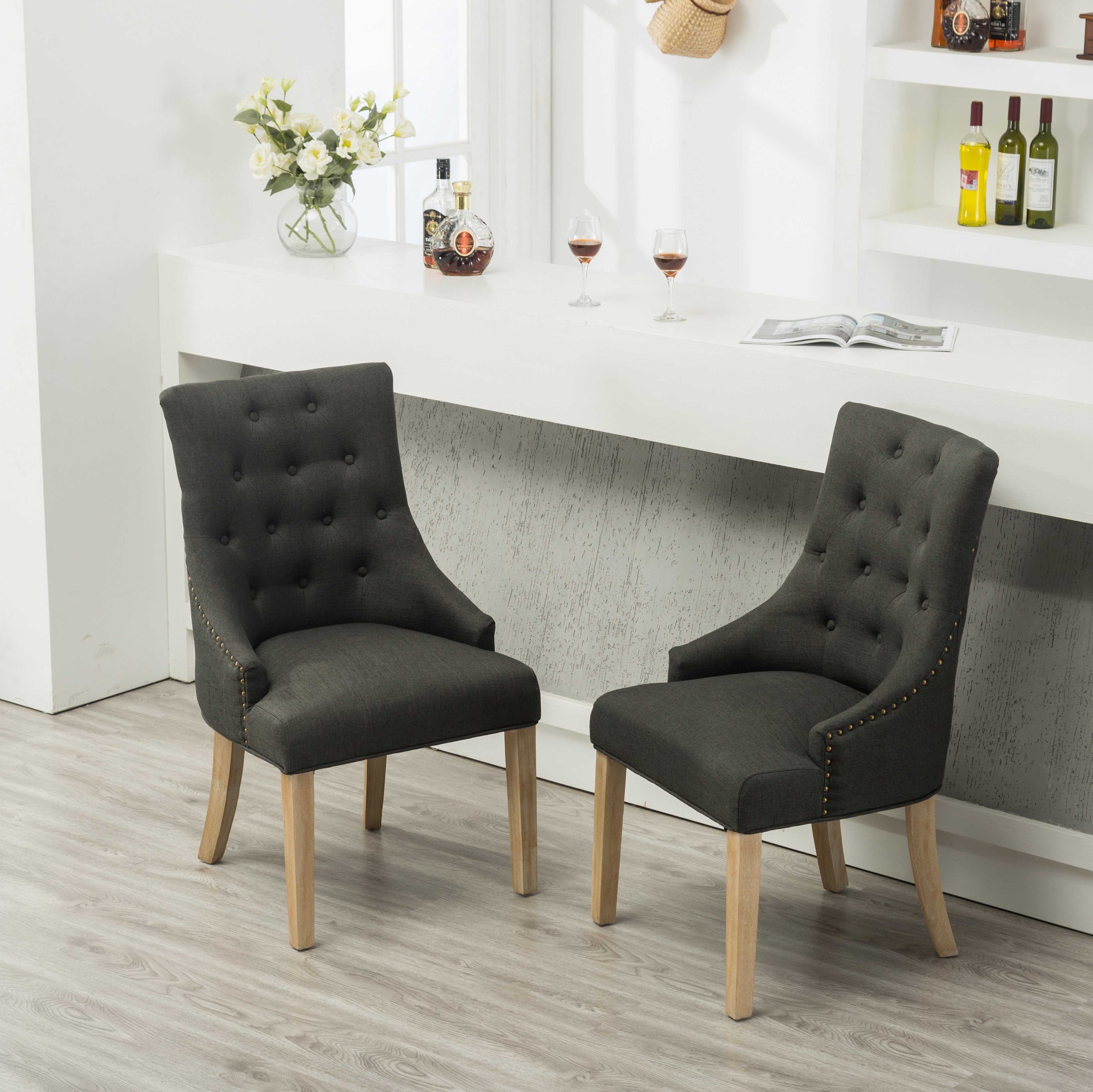 Roundhill Furniture Solid Wood Wingback Chairs with Button Tufted Design and Nail Head Trim - Charcoal Gray Upholstered Dining Chairs Set of 2 for Elegant Dining Room, Living Room or Home Office Decor
