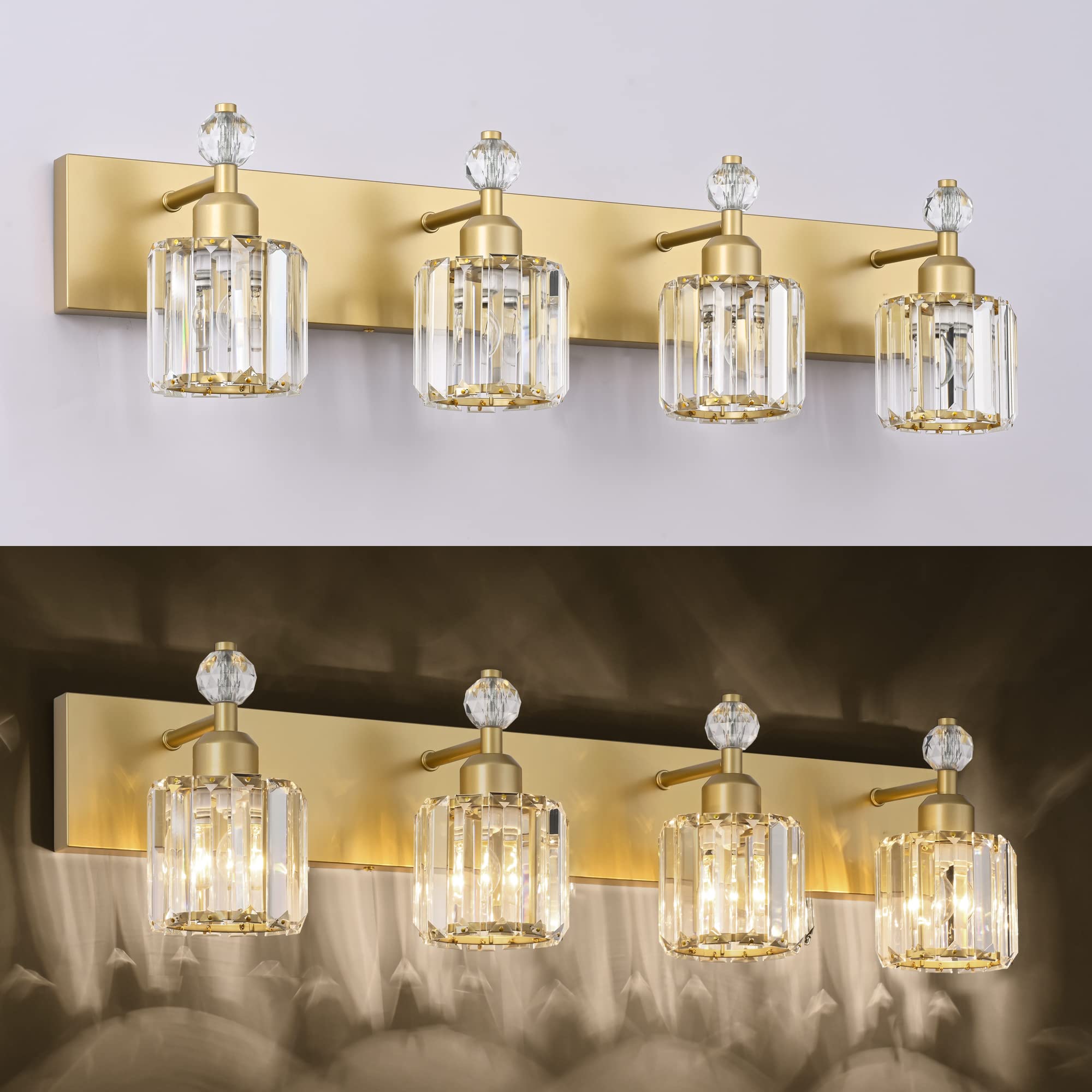 Modern Crystal Bathroom Vanity Light - 4-Light Gold Vanity Lighting for Mirror - Elegant Wall Fixture for Bathroom, Bedroom & Dressing Room