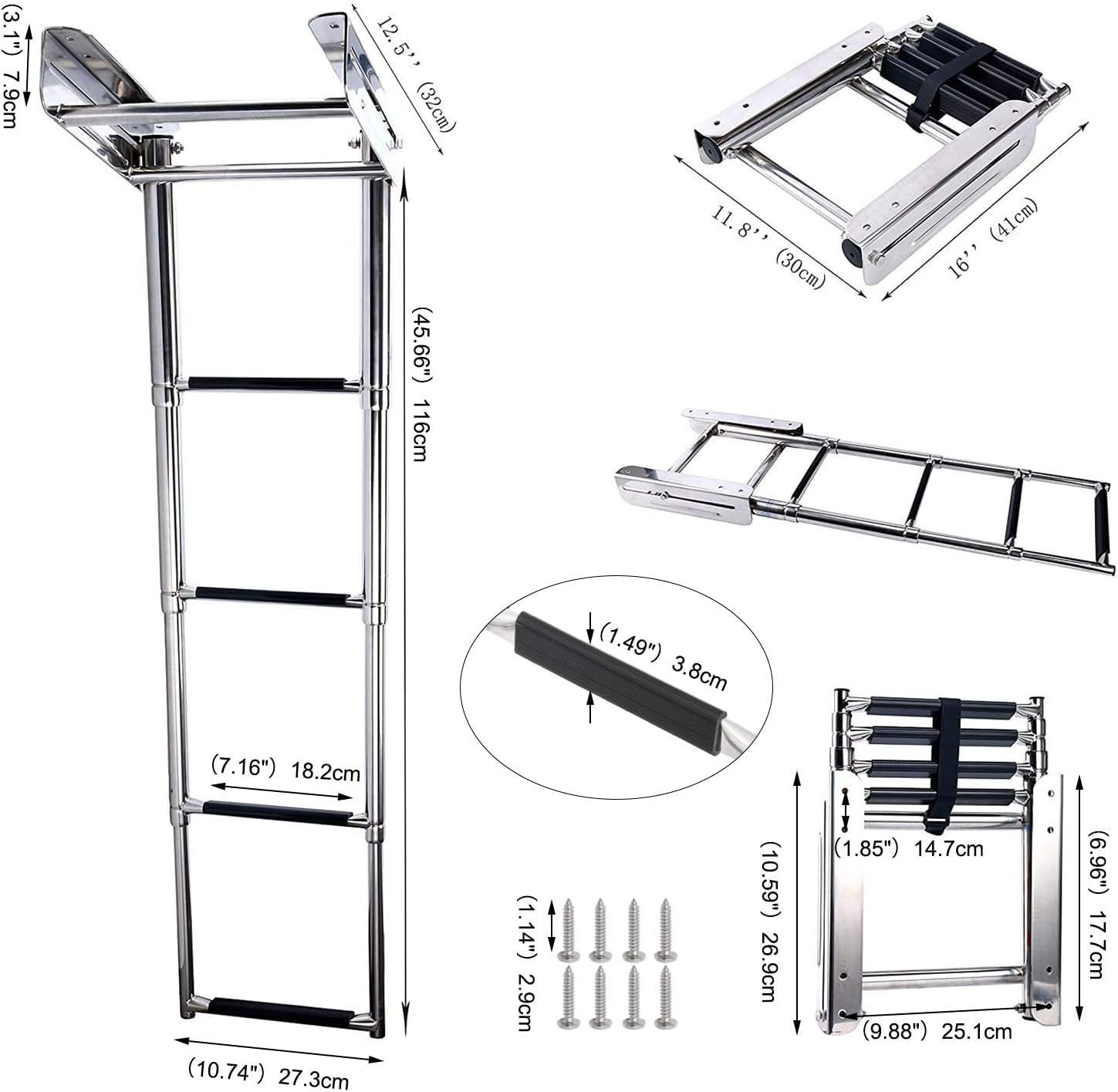 FreeTec 4-Step Telescoping Stainless Steel Boat Boarding Ladder with Sliding Platform - Perfect for Yachts, Docks & Marine Use