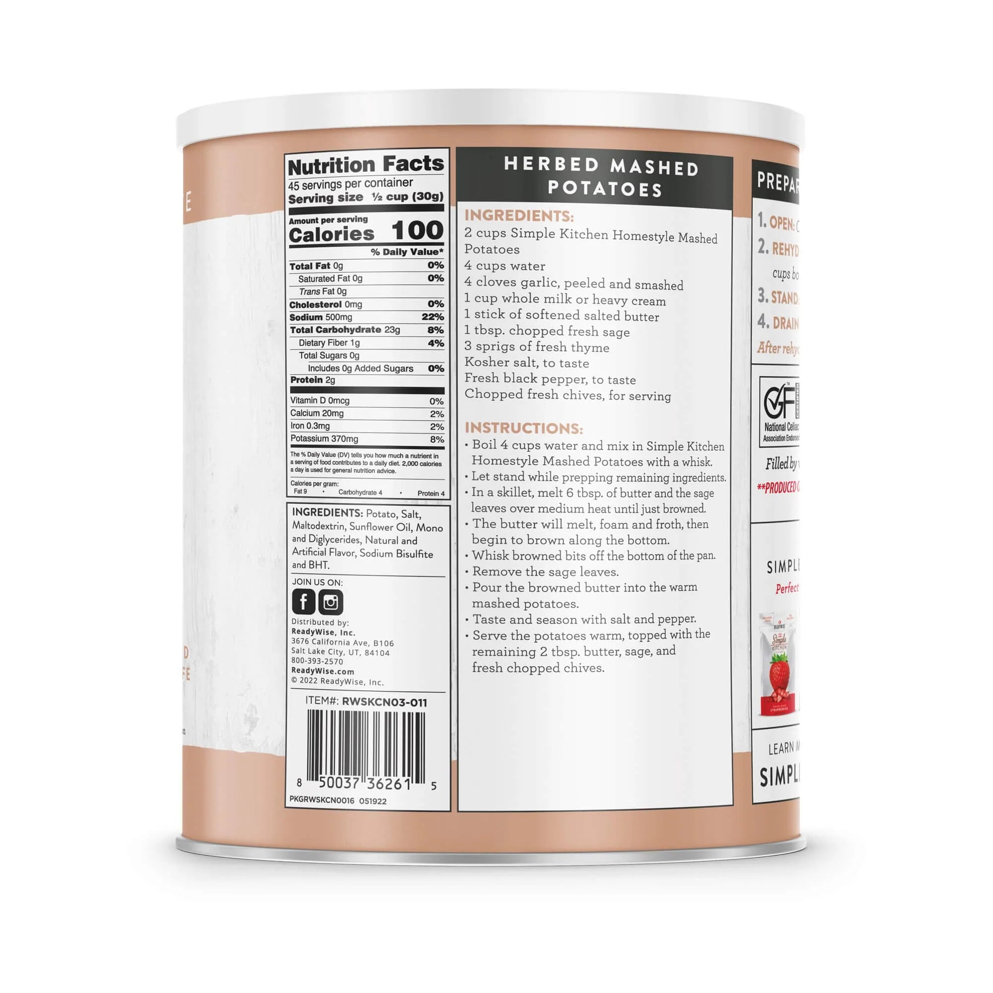 ReadyWise Simple Kitchen Homestyle Mashed Potatoes - 45 Servings in Can | Emergency Food Supply, Camping & Survival Meals