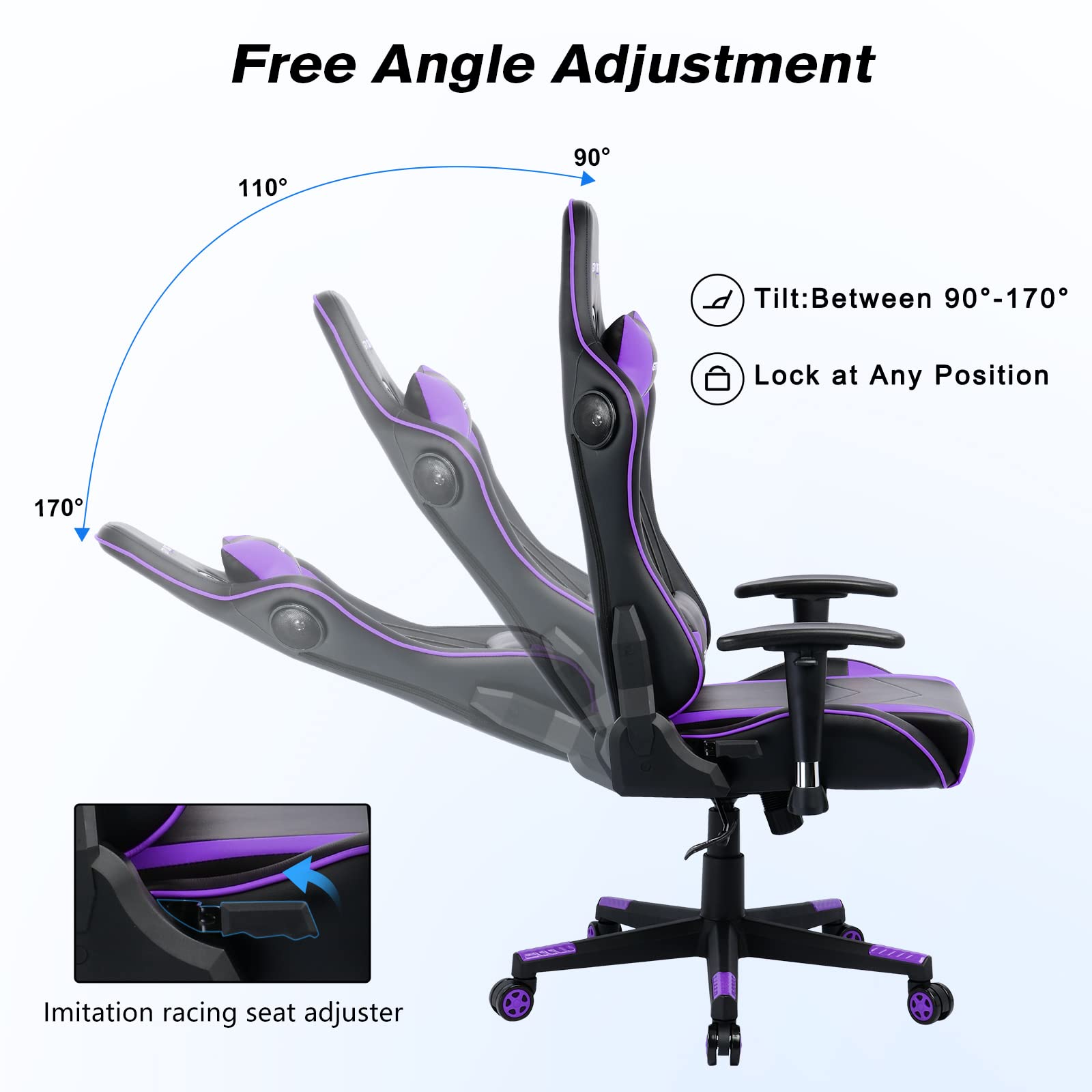 GTRACING GT890M Ergonomic Gaming Chair with Bluetooth Speakers - Heavy Duty Office Computer Desk Chair for Video Games & Music - Purple - Perfect for Gaming, Streaming & Home Office Use