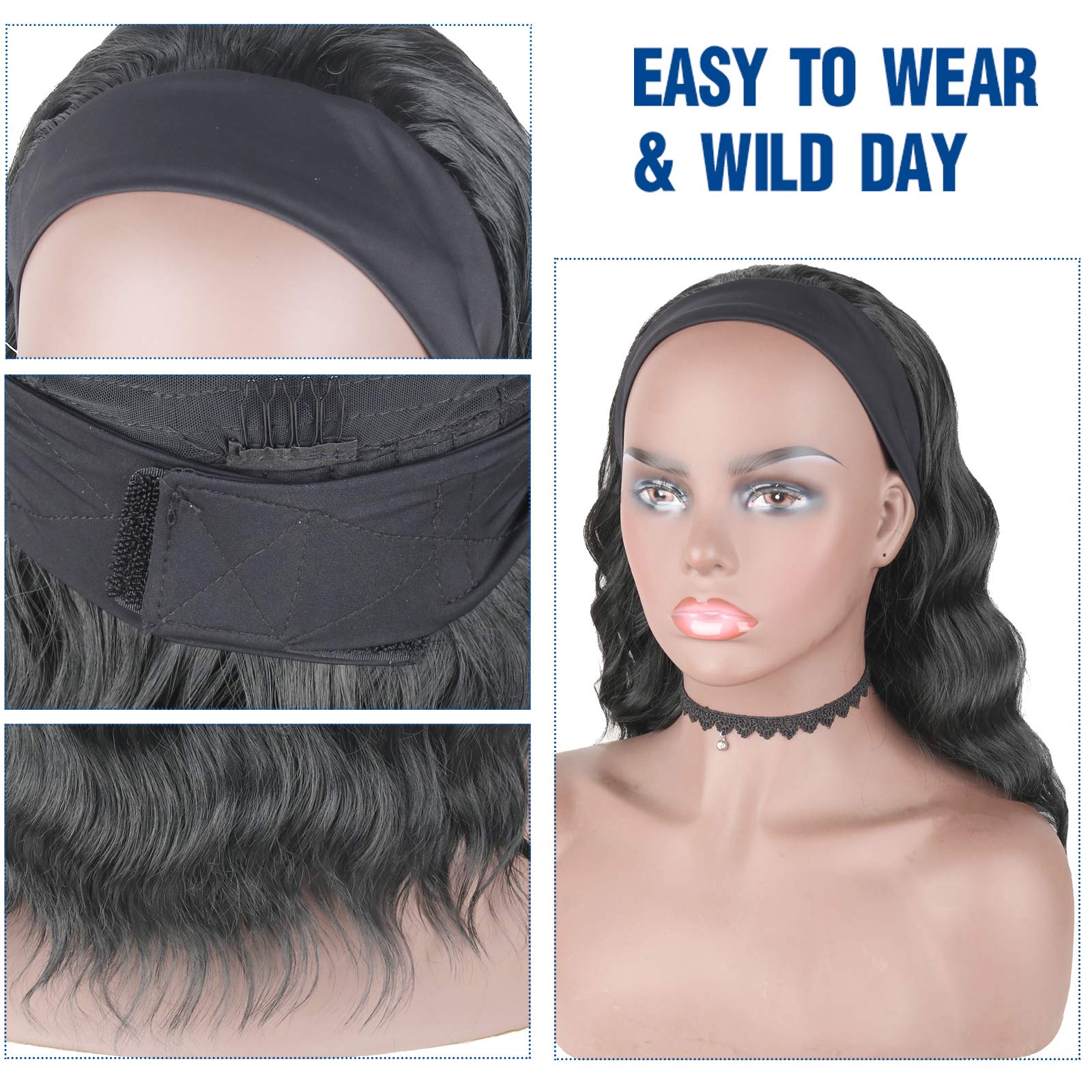 Short Wavy Bob Headband Wig for Black Women - 14inch Synthetic Body Wave Half Wig with Attached Black Headband (1B Color) | Perfect for Daily Wear, Cosplay, and Protective Hairstyles