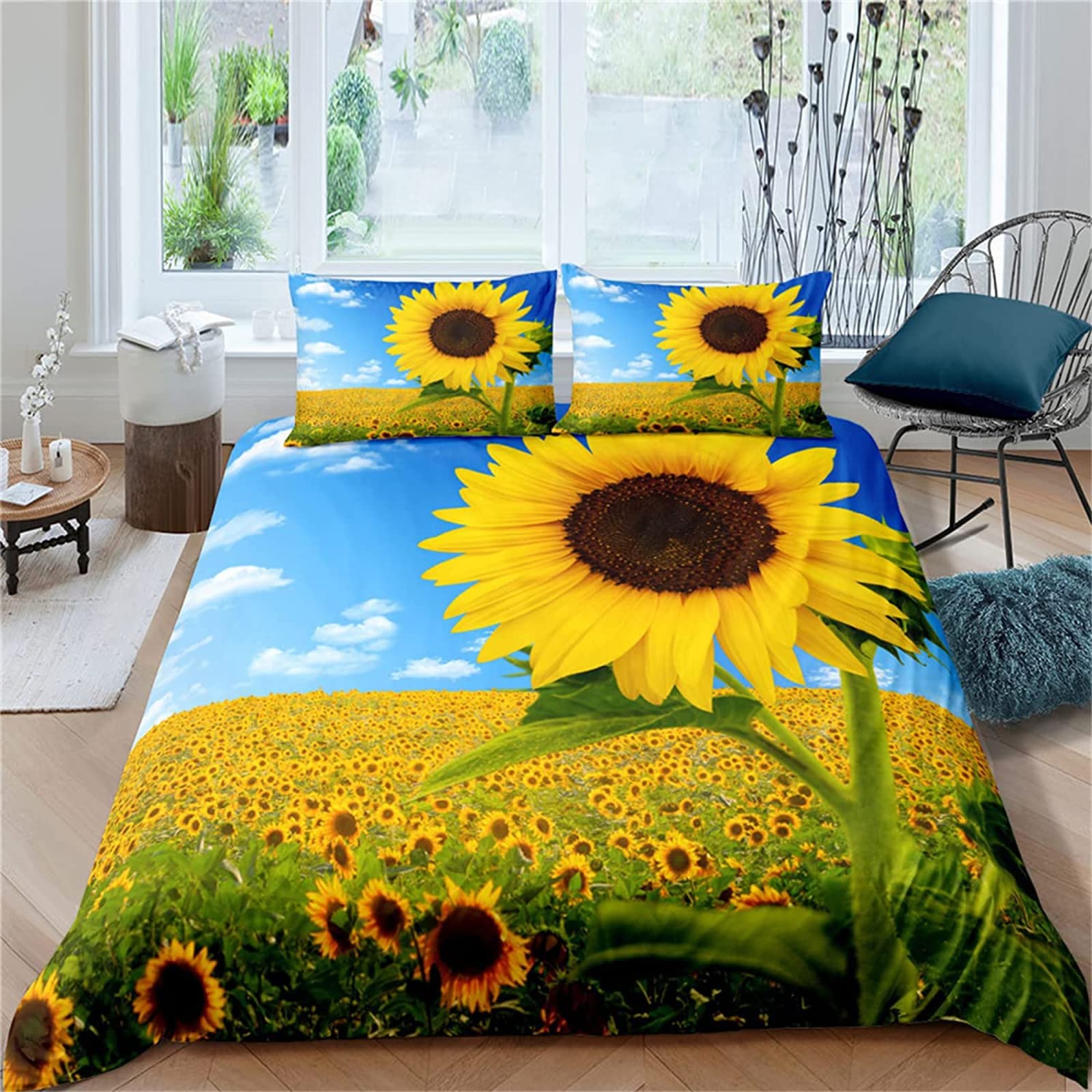 3D Printing Twin Duvet Cover Set - White Sunflower Bedding, Soft Microfiber Comforter Set with Zipper Closure & 2 Matching Pillowcases (20