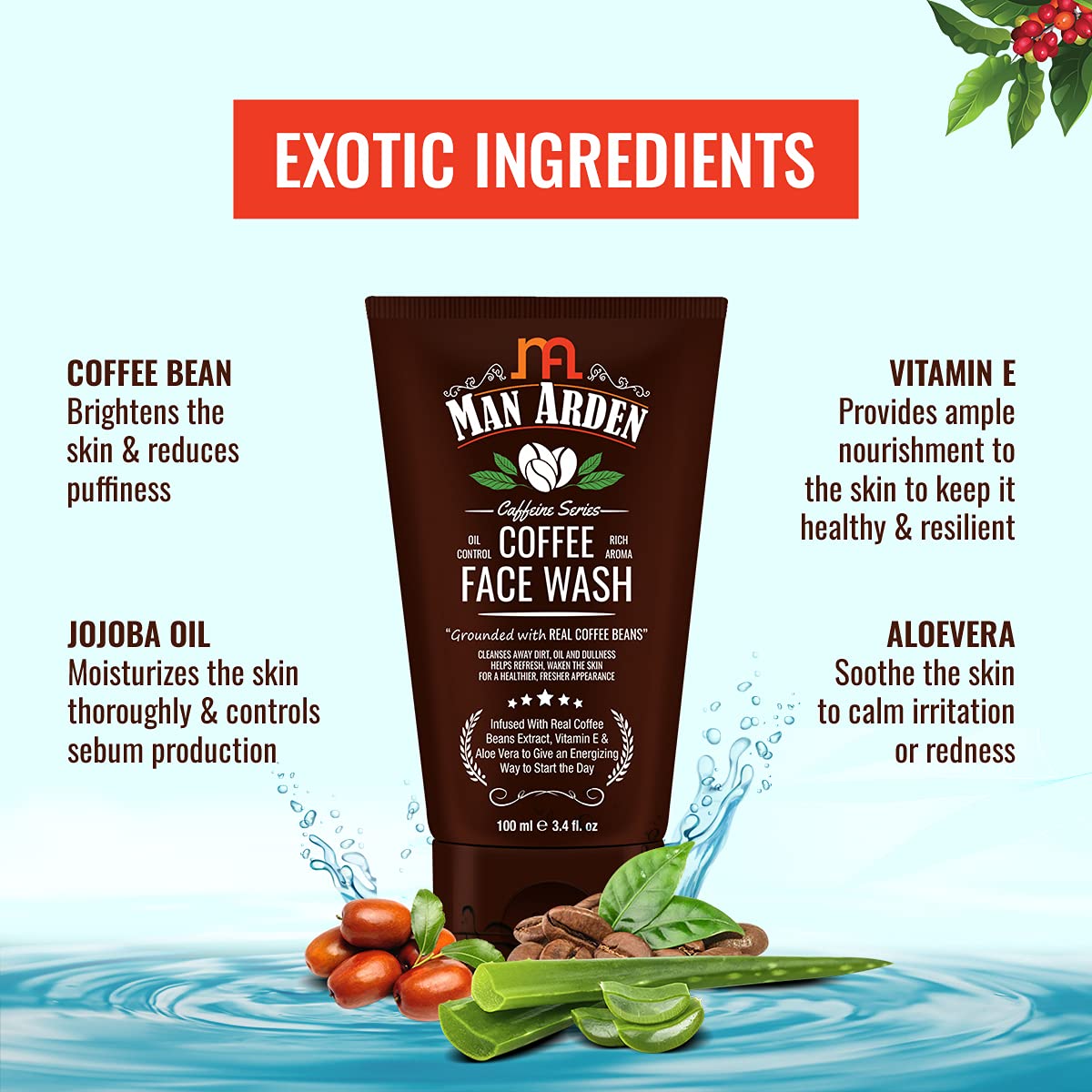 Man Arden Coffee Face Wash - Sulfate & Silicone Free, Paraben Free Cleanser for Men (100mL) - Deep Cleansing & Exfoliating for Oily & Acne-Prone Skin