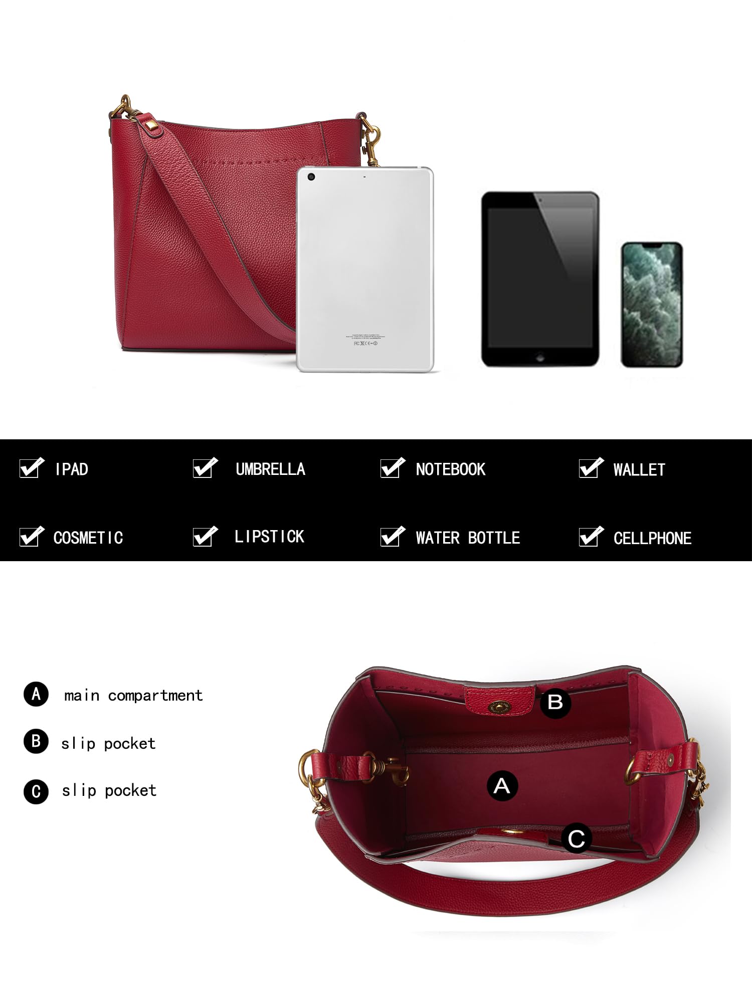 DORIS&JACKY Genuine Leather Bucket Tote Bag for Women - Fashion Designer Shoulder Hobo Purse with Detachable Wide Strap - Perfect for Work, Travel & Everyday Use