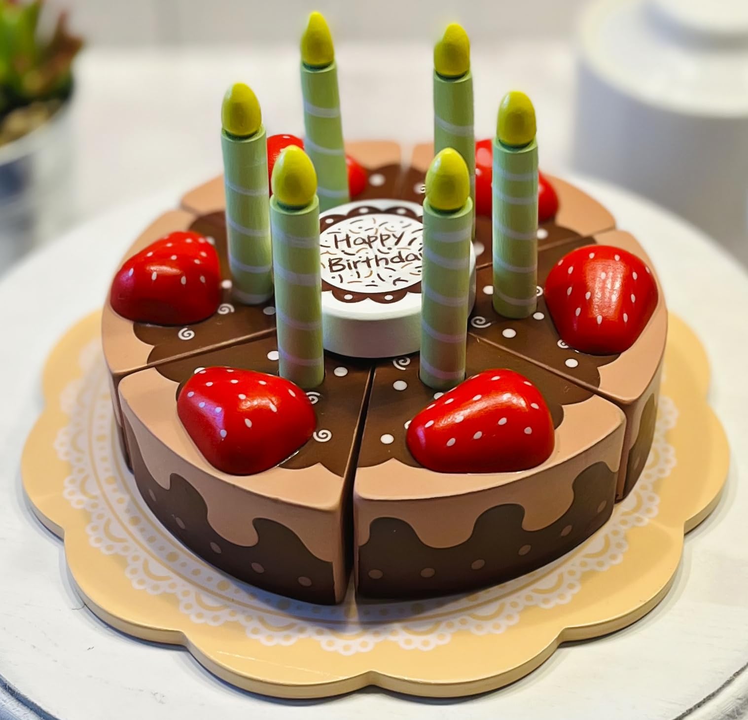 Artificial Chocolate Strawberry Fake Cake - Wooden Birthday Decoration for Parties, Weddings & Home Decor