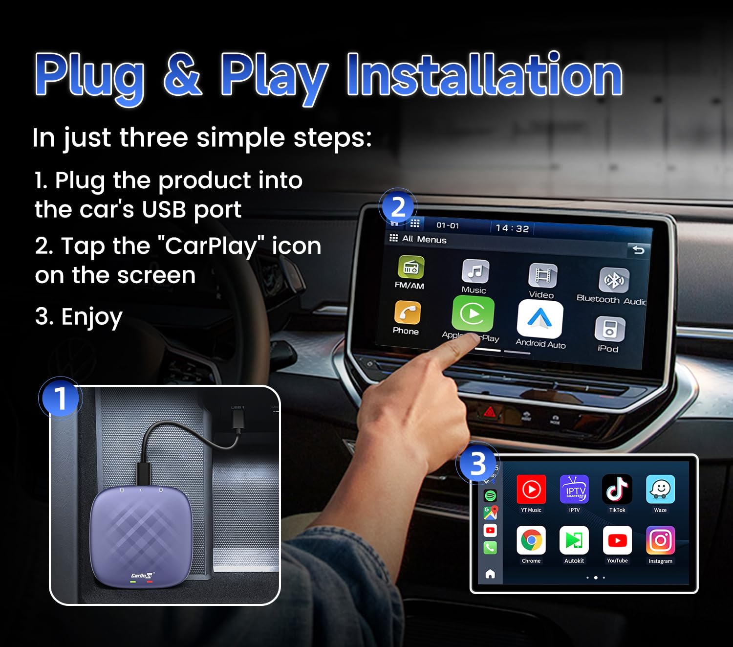 Carlinkit Tbox Plus Android 13.0 CarPlay Box - 8GB RAM 128GB Storage, 8-Core AI Box Adapter for Wired CarPlay - Supports Netflix, YouTube, Hulu Streaming & Online Upgrade - Perfect for In-Car Entertainment & Long Road Trips
