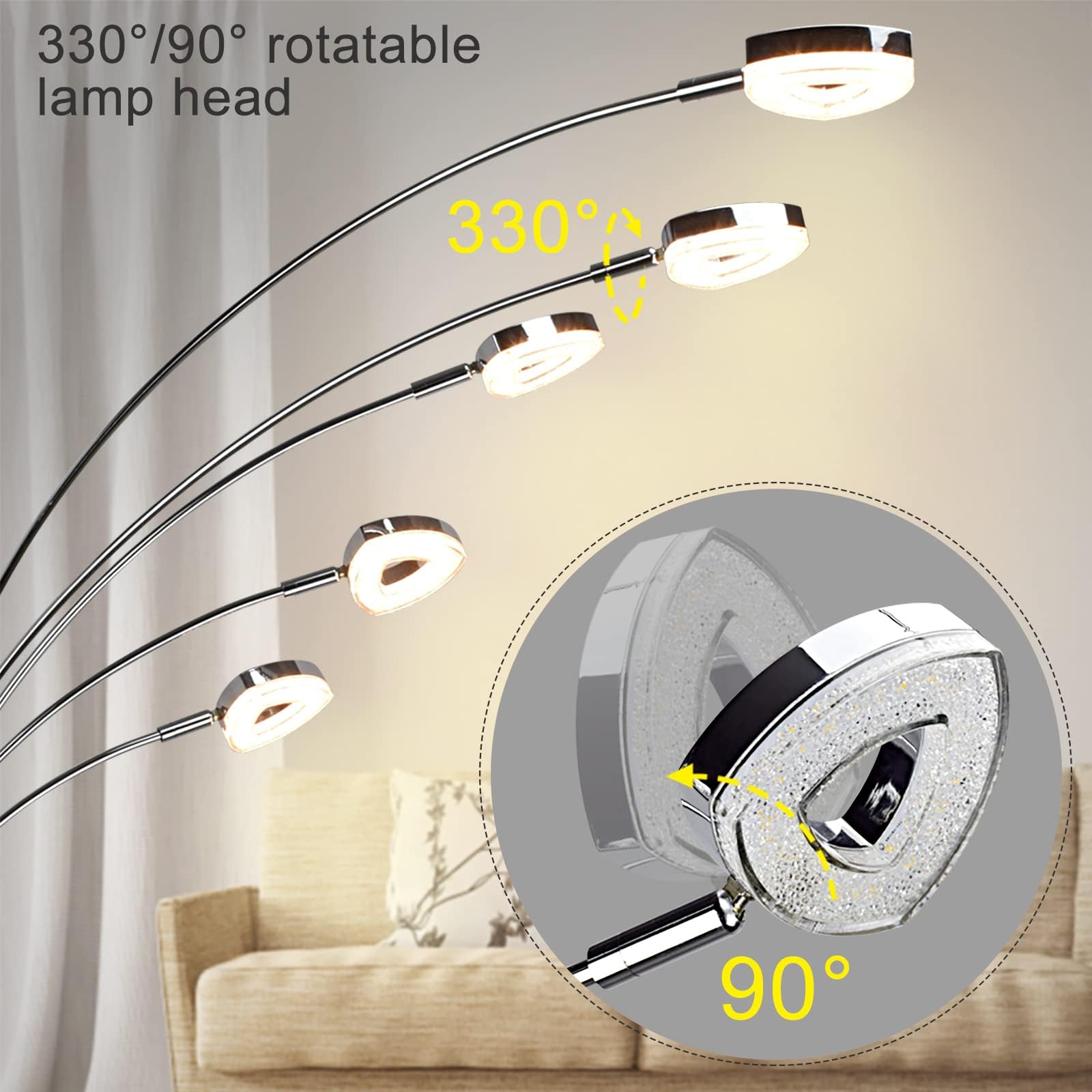 DINGLILIGHTING DLLT 5-Head Adjustable Arc Floor Lamp - Modern Spider Design with 5 Flexible Arms, 3 Brightness Levels (Warm White) - Silver Standing Tree Lamp for Living Room, Bedroom & Office - Perfect for Reading, Working and Ambient Lighting