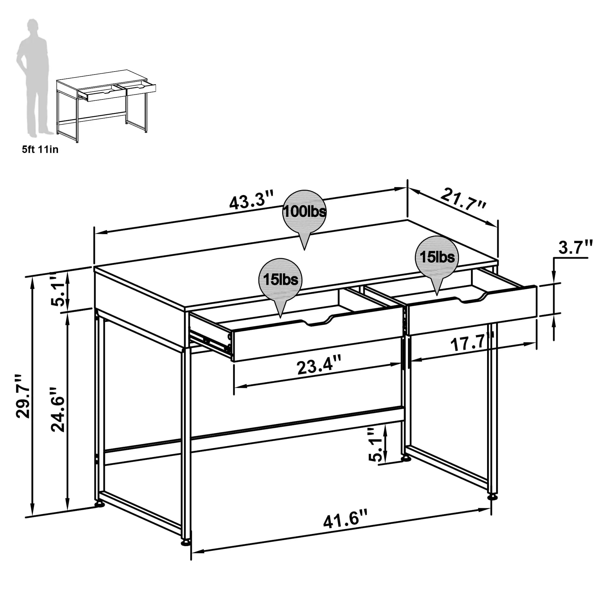 Bestier Modern Rectangular Writing Computer Desk with 2 Drawers - Home Office, Study & Workspace Solution for Small Spaces