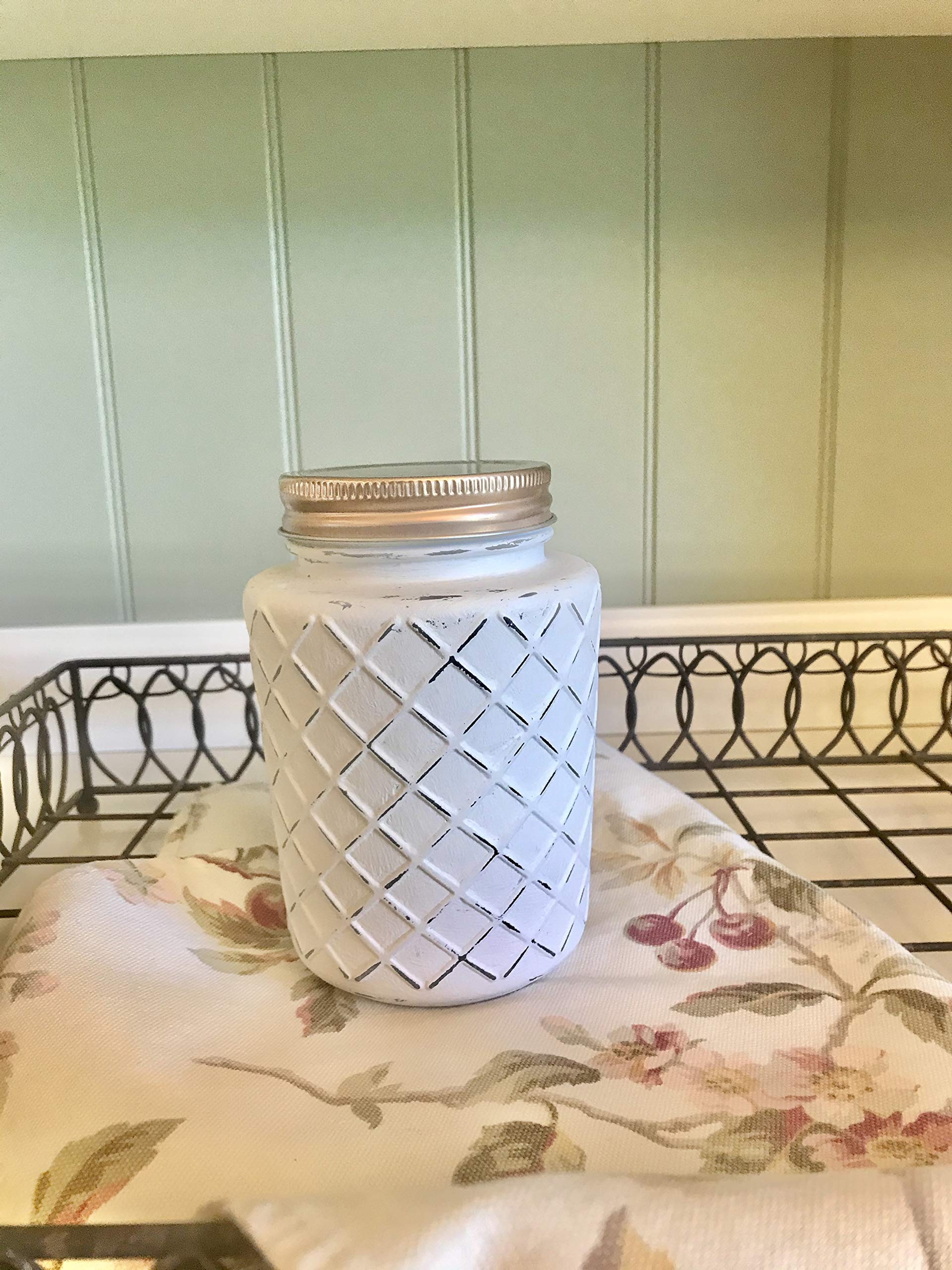 Hand Painted Chalk Paint Lattice Jar - 20 oz Linen White Mason Jar for Farmhouse Decor, Rustic Weddings, and DIY Home Crafts