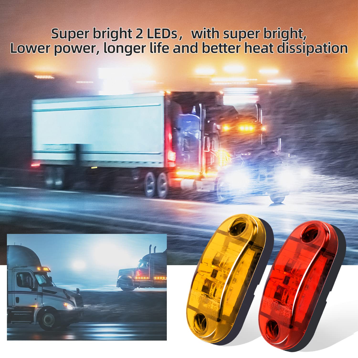 (5pcs Amber, 5pcs Red) 2.5 Inch 2 Diode LED Trailer Marker Lights - Waterproof Oval Side Running Lights for Trucks, RVs, Lorries, Pickups & Campers - Perfect for Night Driving and Road Safety