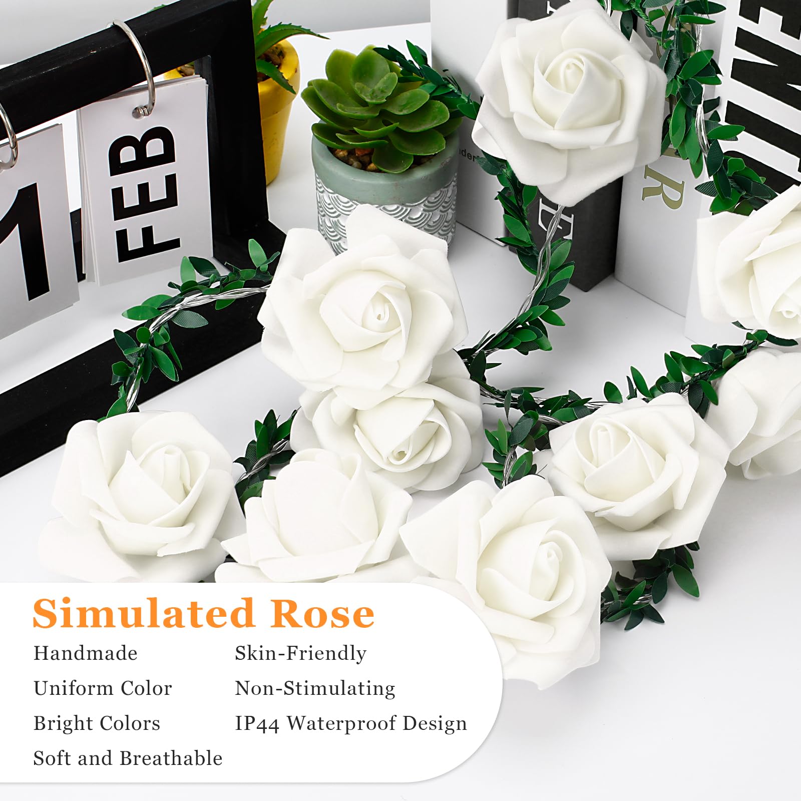 VIPMOON 10Ft Rose Vine Fairy String Lights - Battery Powered with Remote Control & 8 Lighting Modes, Warm White Indoor/Outdoor Decorative Lights for Wedding, Birthday Party, Mother's Day, Garden, Bedroom, Patio Decor