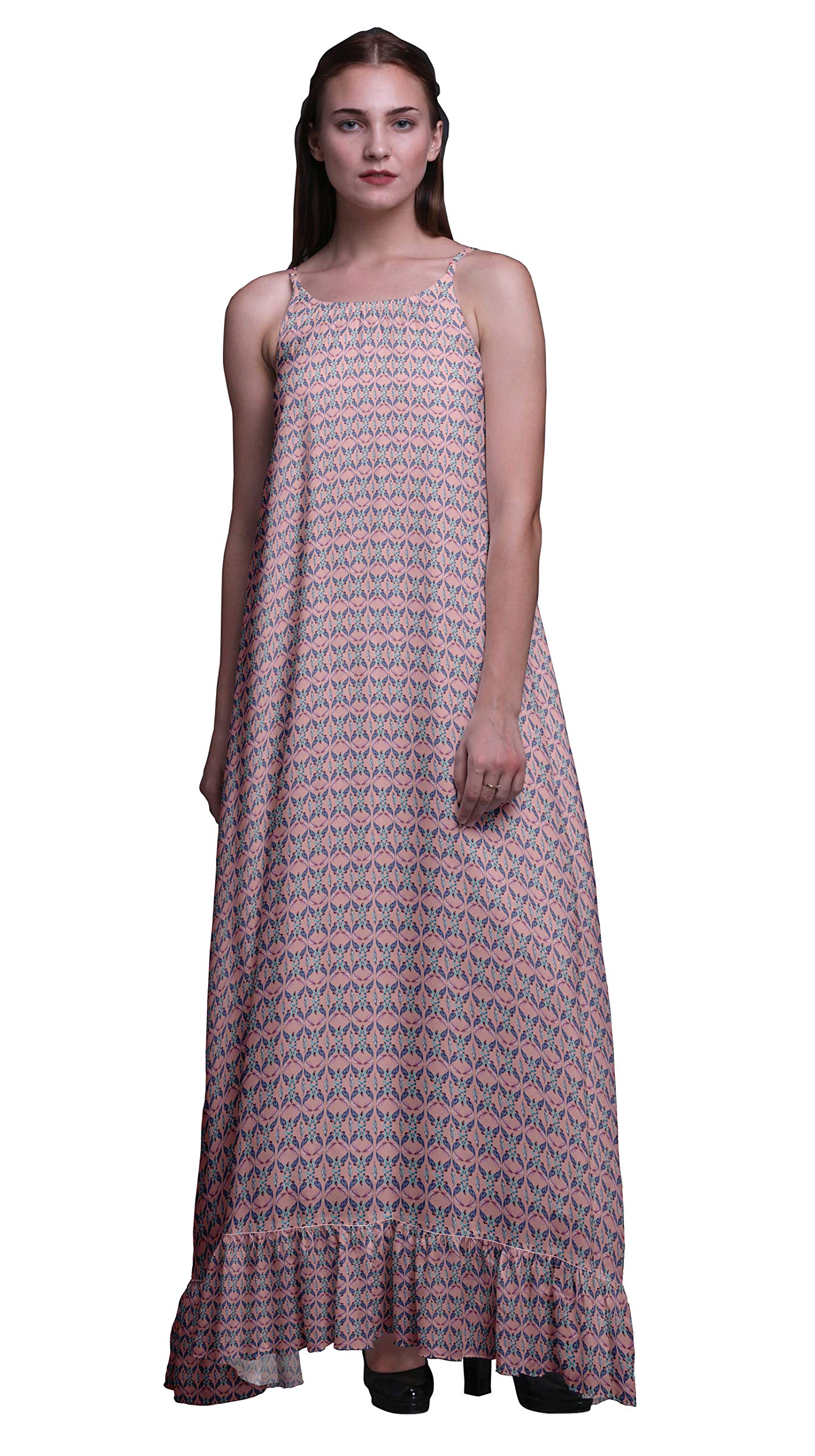 Bimba Light Pink Salmon Feather Lace Trim Spaghetti Strap Nightgown - Women's Sleepwear Nursing Dress for Maternity, Breastfeeding & Comfortable Nightwear - Perfect for Home Lounging, Postpartum Recovery & Romantic Evenings