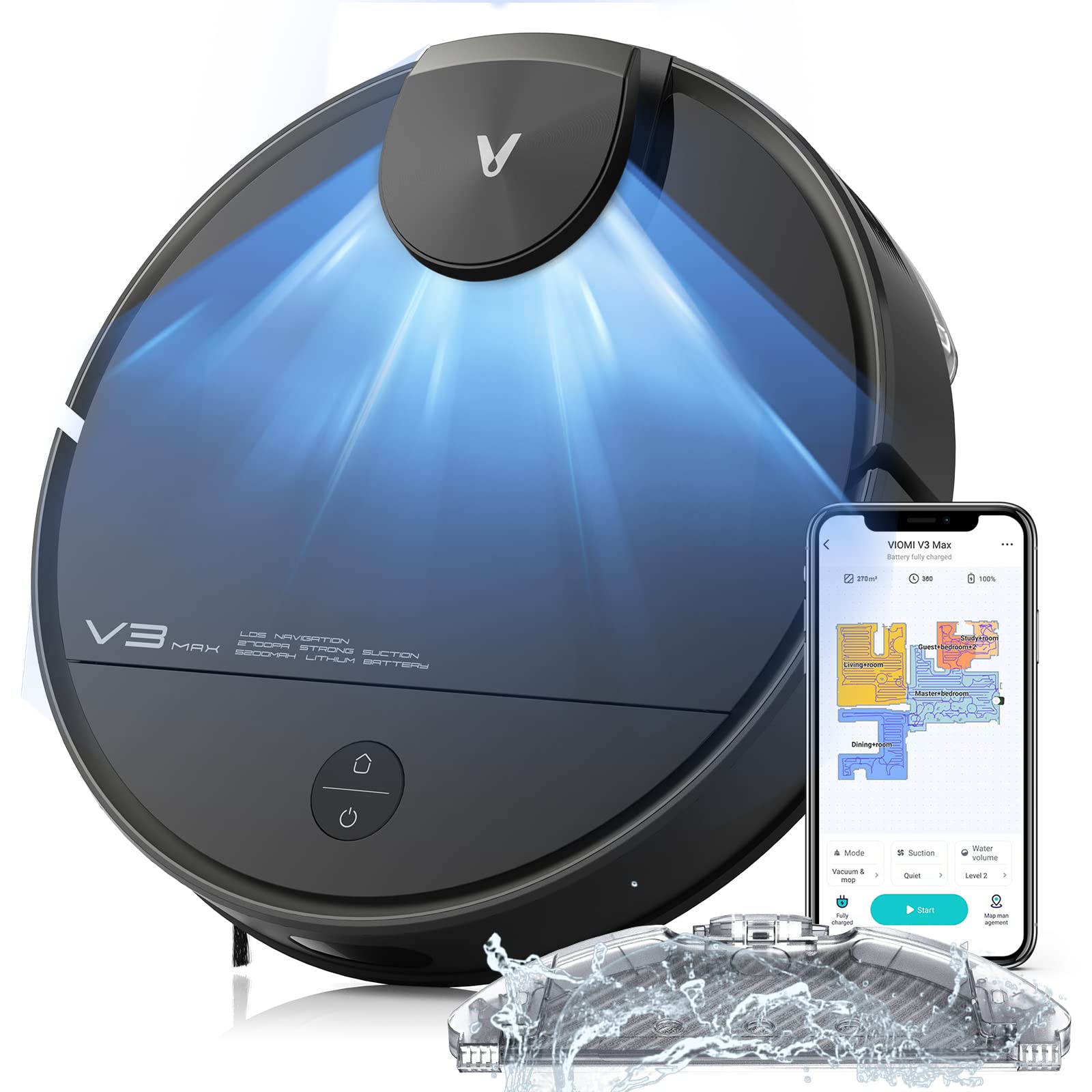 VIOMI Smart Robot Vacuum V3 Max - 4000Pa Strong Suction, LiDAR Navigation, Self-Charging, Works with Alexa & Google Home - Ideal for Hardwood Floors, Carpets & Pet Hair Cleaning (Black)