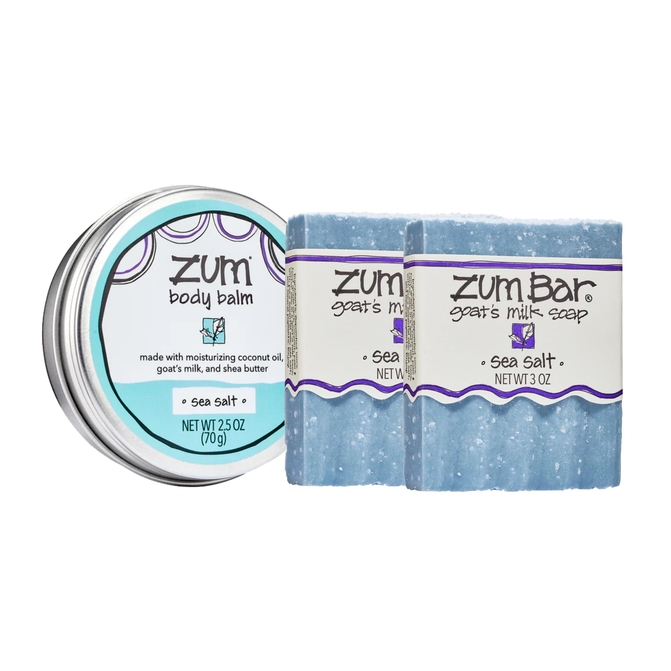 Indigo Wild Zum Bar Goat's Milk Soap Bundle - Sea Salt Scented (2x 3oz Soap Bars + 1x 2.5oz Moisturizing Zum Rub) | Natural Skincare Gift Set for Dry Skin & Relaxing Bath Time