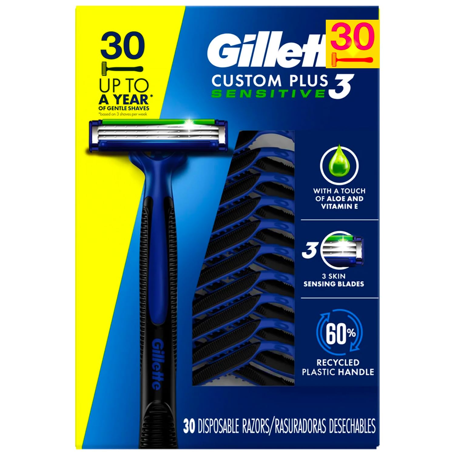 Custom Plus3 Disposable Razors for Sensitive Skin - 3-Blade Razors with ComfortGel for Smooth Shaving, 30 Count Pack - Perfect for Travel, Gym & Daily Personal Care