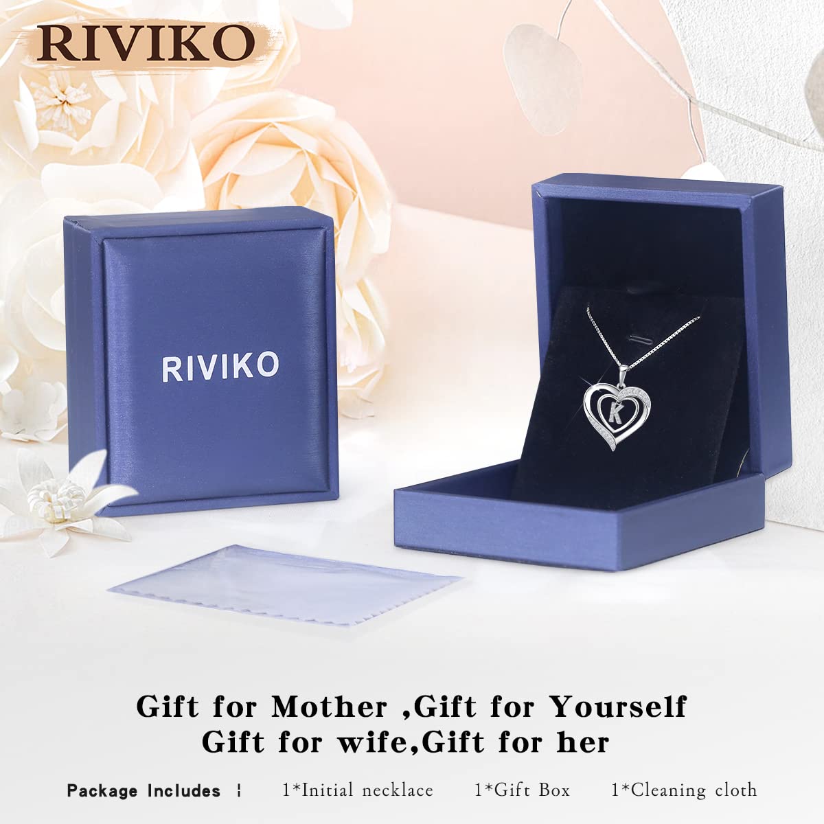 RIVIKO Personalized 925 Sterling Silver Heart Initial Necklace for Women - Custom Letter Pendant Charm Jewelry for Valentine's Day, Mother's Day, Anniversary, Christmas & Birthday Gifts - Perfect for Her, Mom, Wife | Elegant Everyday Wear & Special Occasion Gift