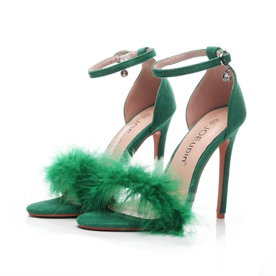JOEupin Women's Fluffy Marabou Feather High Heel Strappy Sandals - Sexy Fur Heels for Party, Evening Wear & Special Occasions
