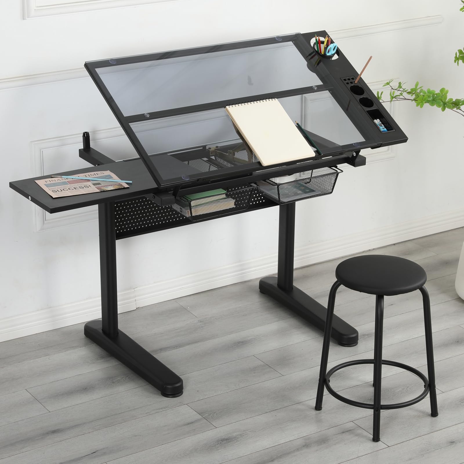 Upgraded Adjustable Height Glass Drafting Table with Hand Crank - Artist Drawing Desk with Stool, Tilting Art Craft Desk, 2 Storage Drawers & Side Table - Perfect for Home Office, Studio & Creative Workspaces - No.2 Black
