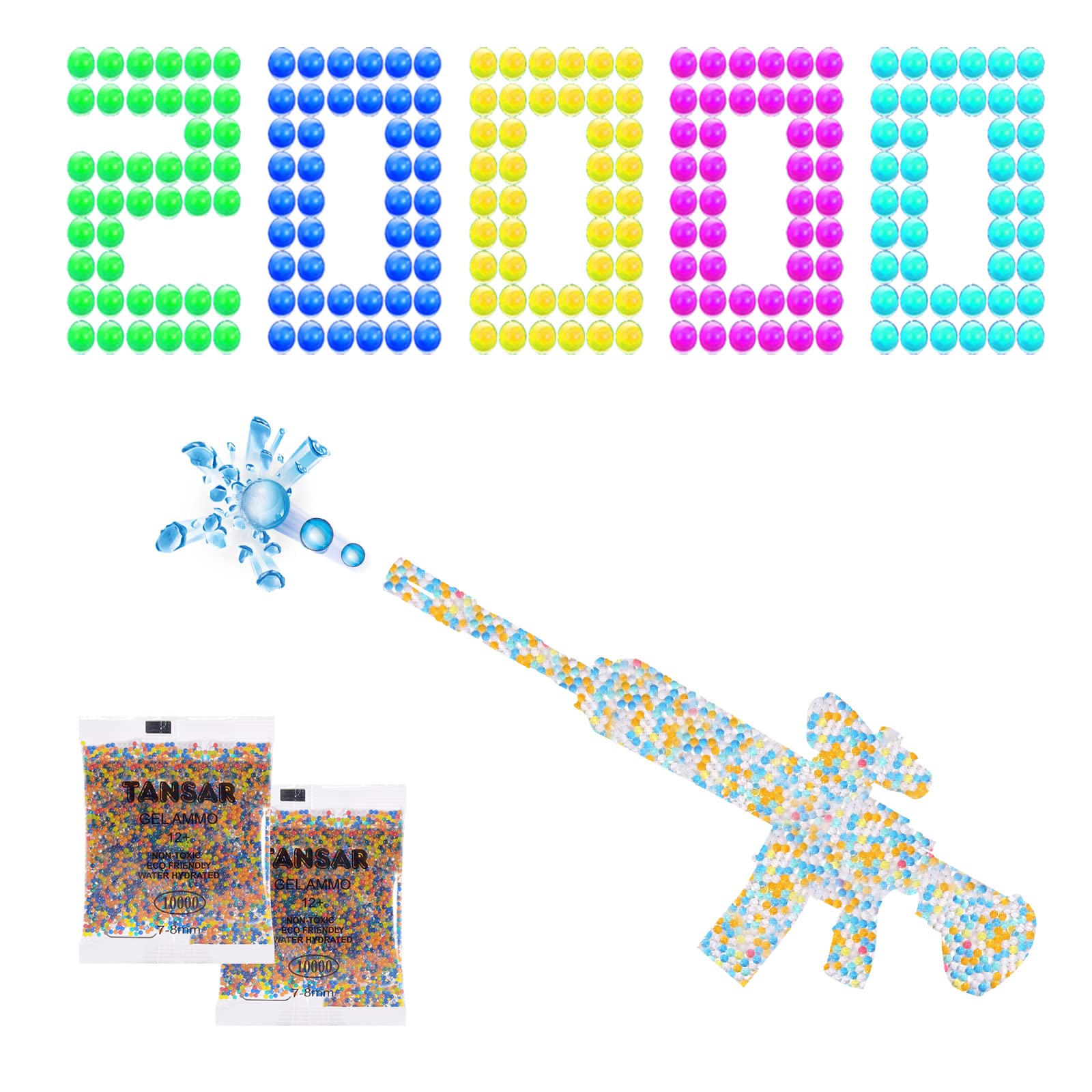 TANSAR 7.5mm Water Gel Beads Refill Ammo (7-8mm, 2 Pack, 10000 Pieces) - Colorful Splatter Ball Bullets for Water Blaster Guns - Perfect for Outdoor Games, Backyard Battles, and Summer Water Fights