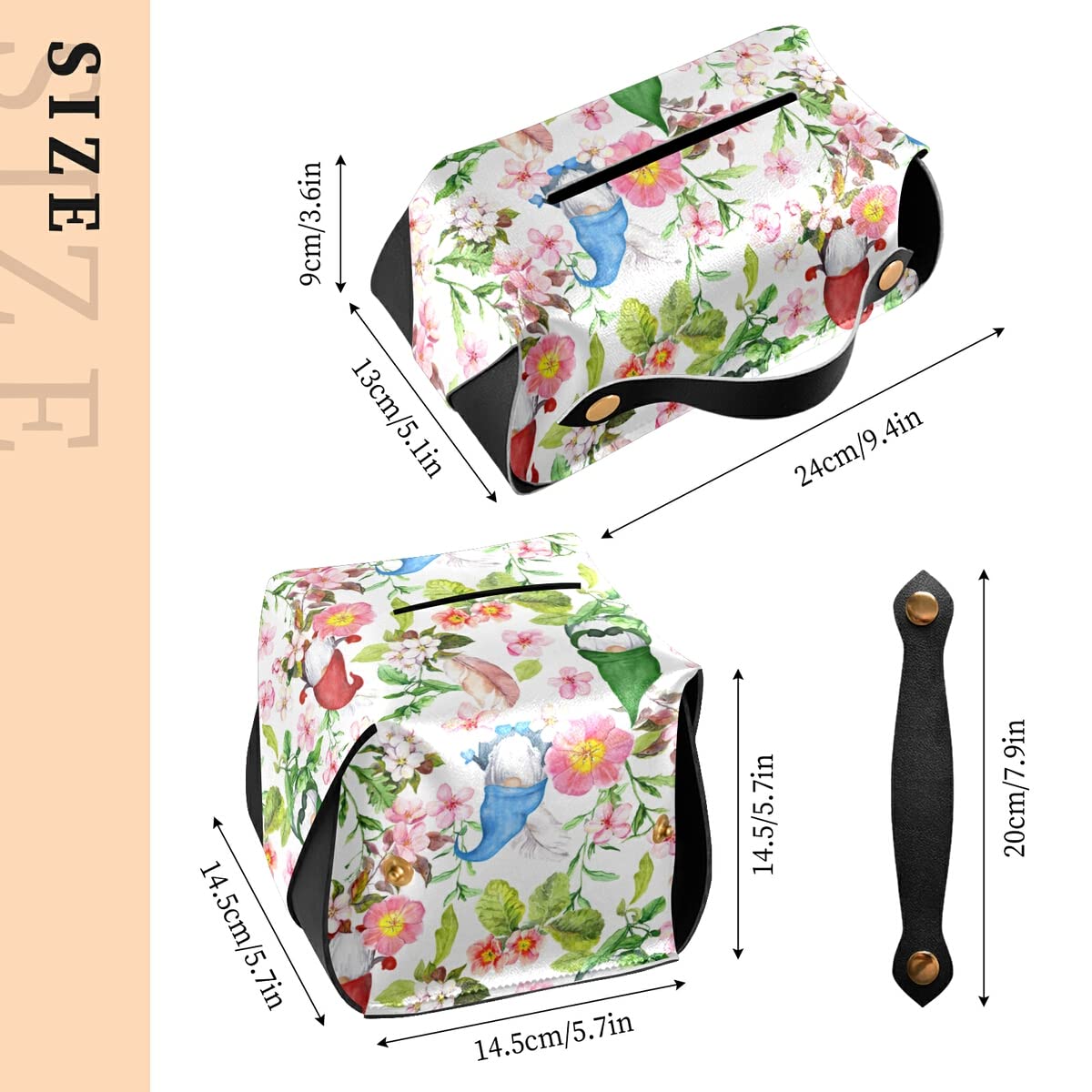 Decorative Leather Rectangular Tissue Box Cover with Cute Gnomes & Flowers - Tissue Dispenser Case for Hotel, Restaurant, Bedroom & Car Decor