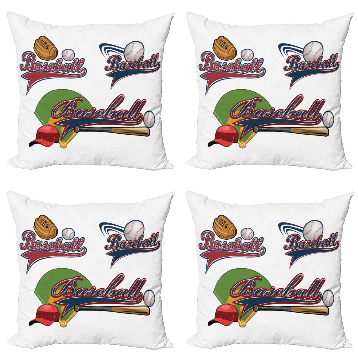 Ambesonne 4-Pack Sports Themed Decorative Throw Pillow Covers - Baseball Mitt, Bat & Ball Design - 24 Inch Multicolor Cushion Covers for Sofa, Living Room & Car - Perfect for Sports Fans, Home Decor & Team Spirit