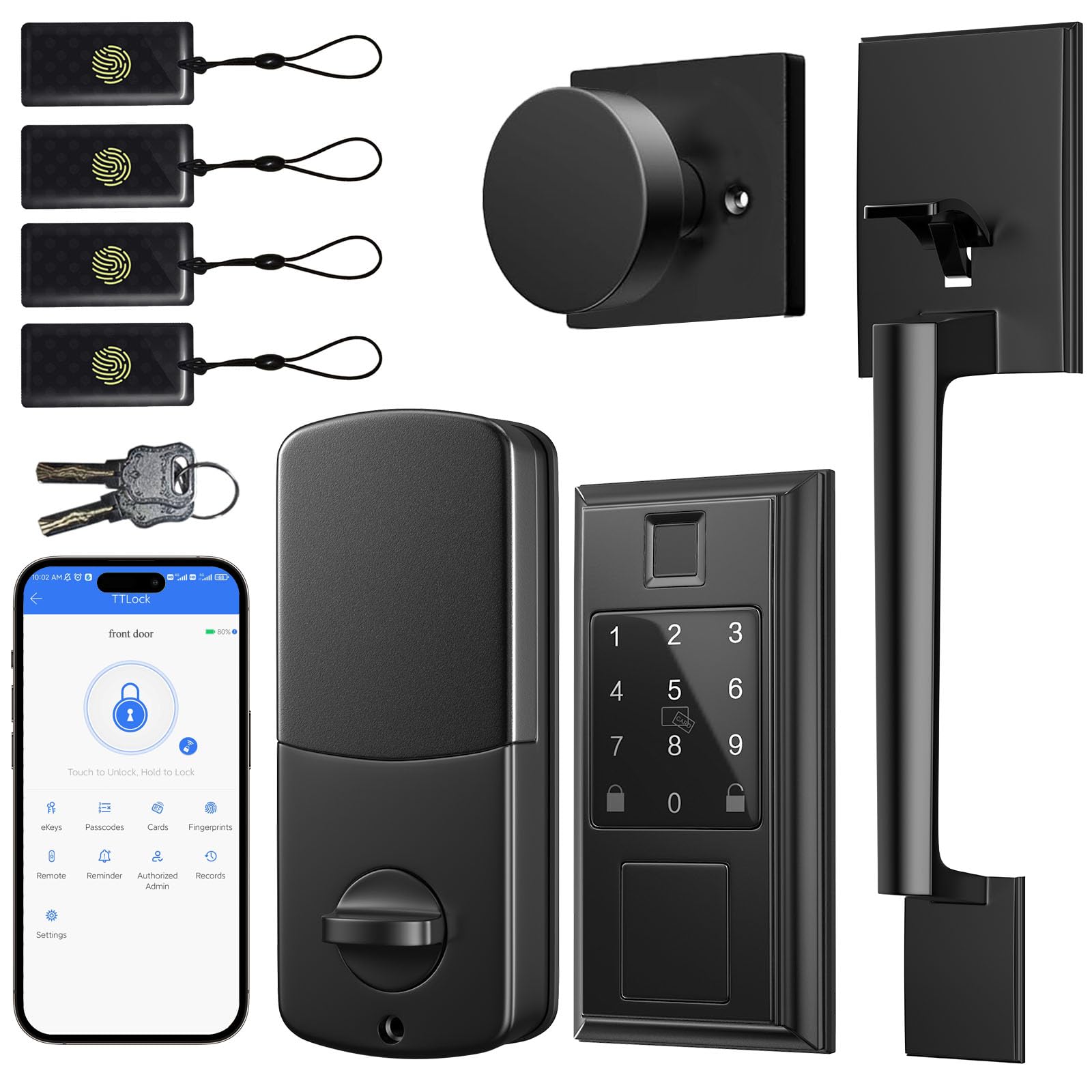 Smart Keyless Entry Door Lock with Fingerprint & App Control - Matte Black Front Door Handle Knob Set, Auto Lock Feature for Home Security | Perfect for Smart Homes, Vacation Rentals & Modern Apartments