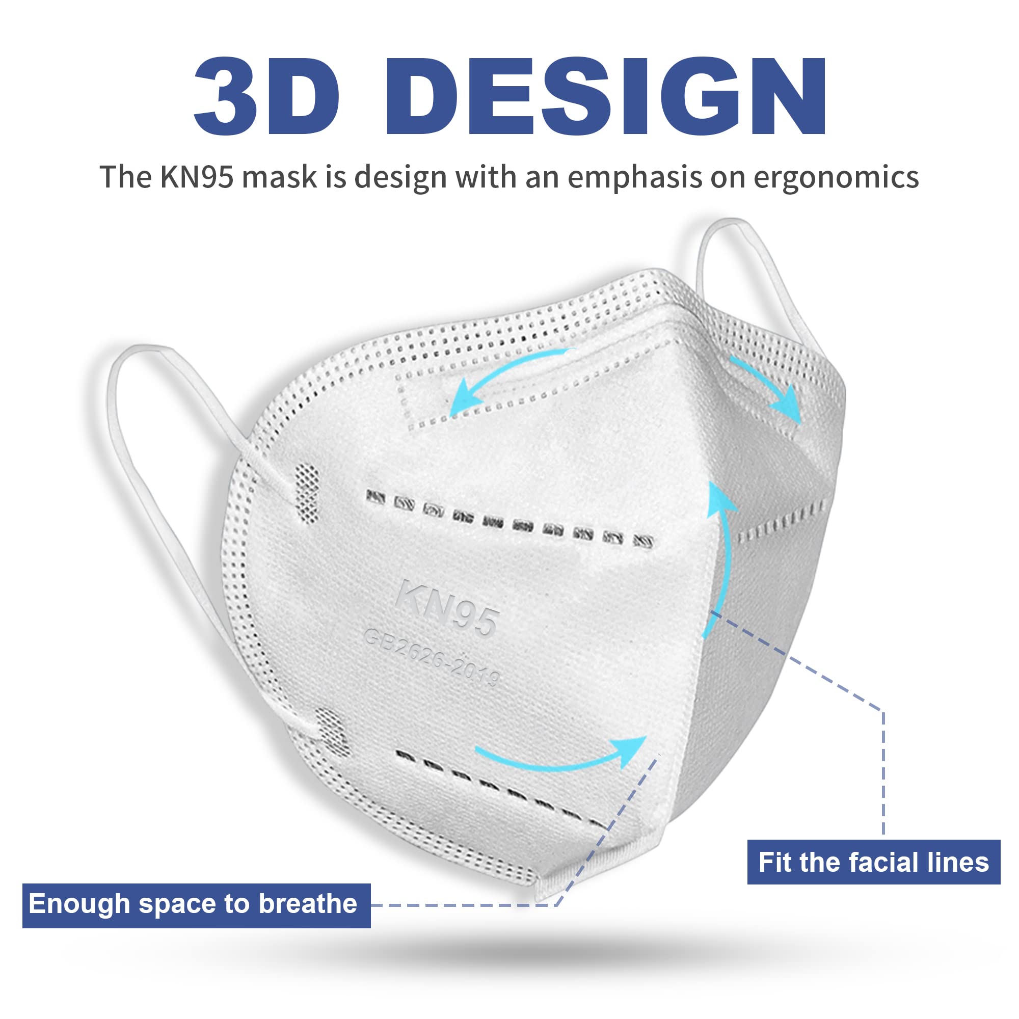 Spellow KN95 Face Masks 50 Pack - 5-Layer Breathable Disposable Dust Mask with Elastic Earloop & Nose Clip, ≥95% Filtration Efficiency (10 Colors) - Protection for Home, Office, Travel & Public Spaces