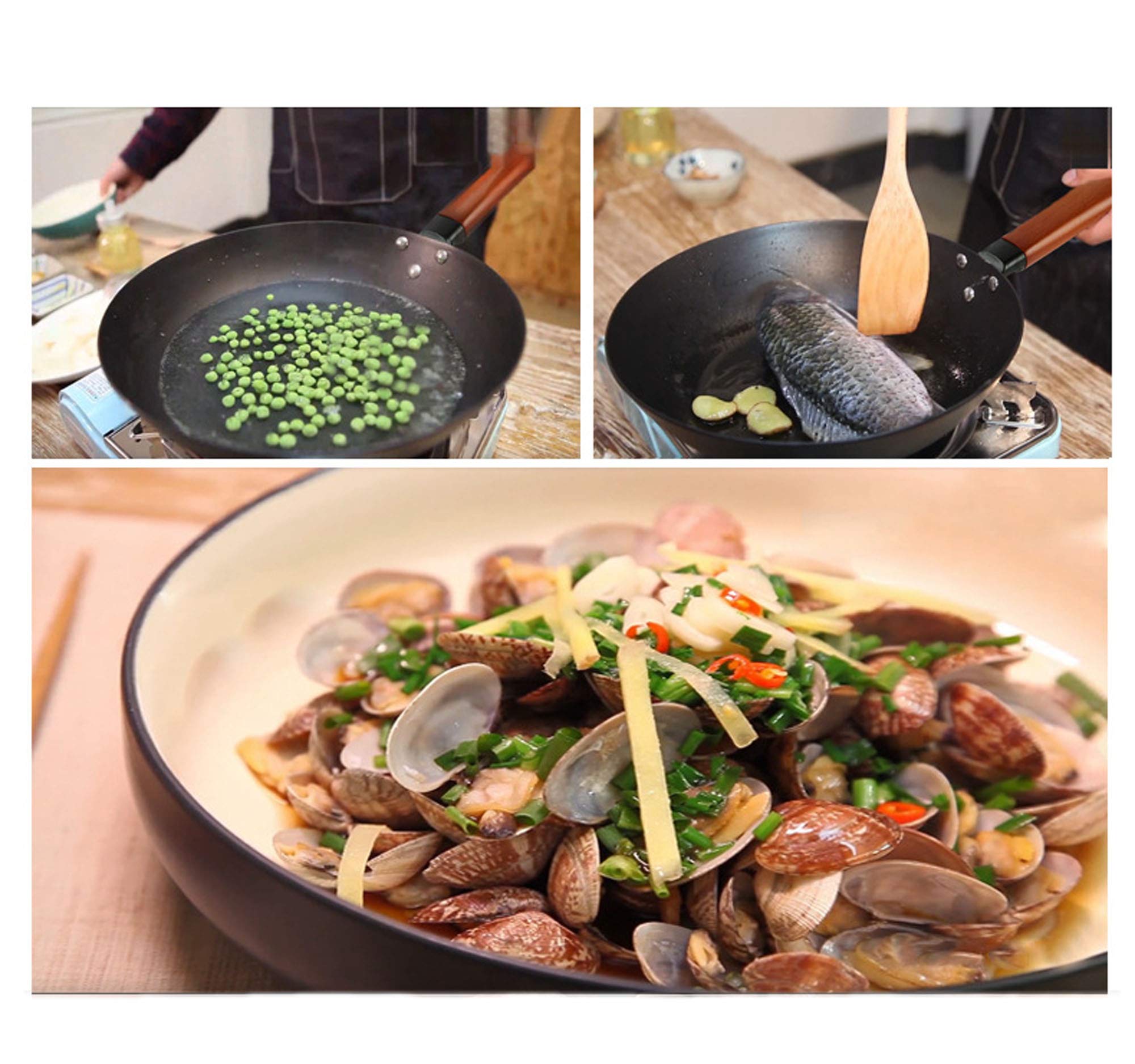 FixtureDisplays 12.6 Inch Lightweight Cast Iron Wok Pan with Wooden Handle - 3.5 lbs Flat Bottom Stir Fry Pan for High Heat Cooking, Searing, Sauteing - Perfect for Home Kitchen, Outdoor Camping & Asian Cuisine