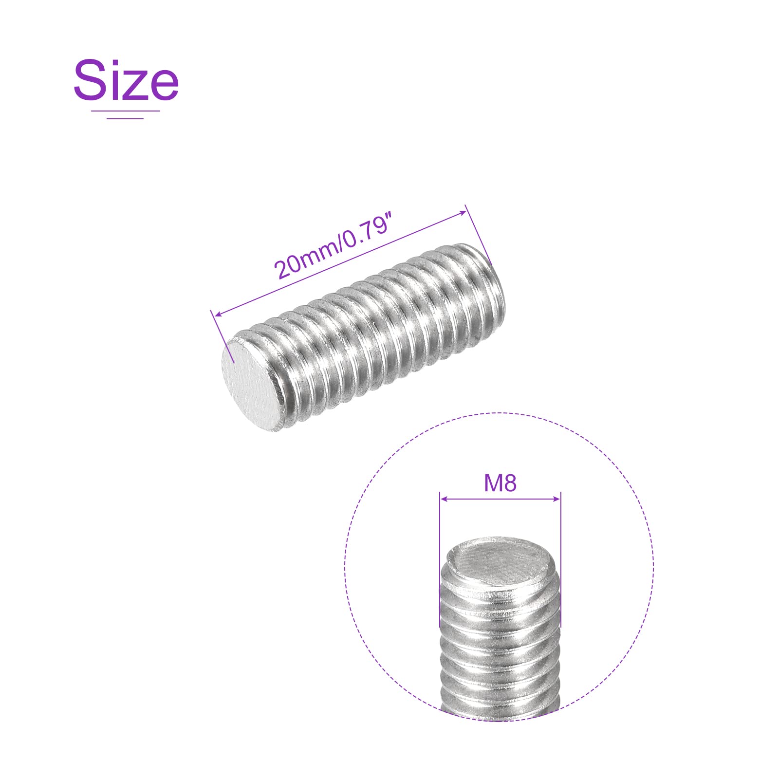 DMiotech 20 Pack M8x20mm 304 Stainless Steel Threaded Rods - for DIY & Construction Projects