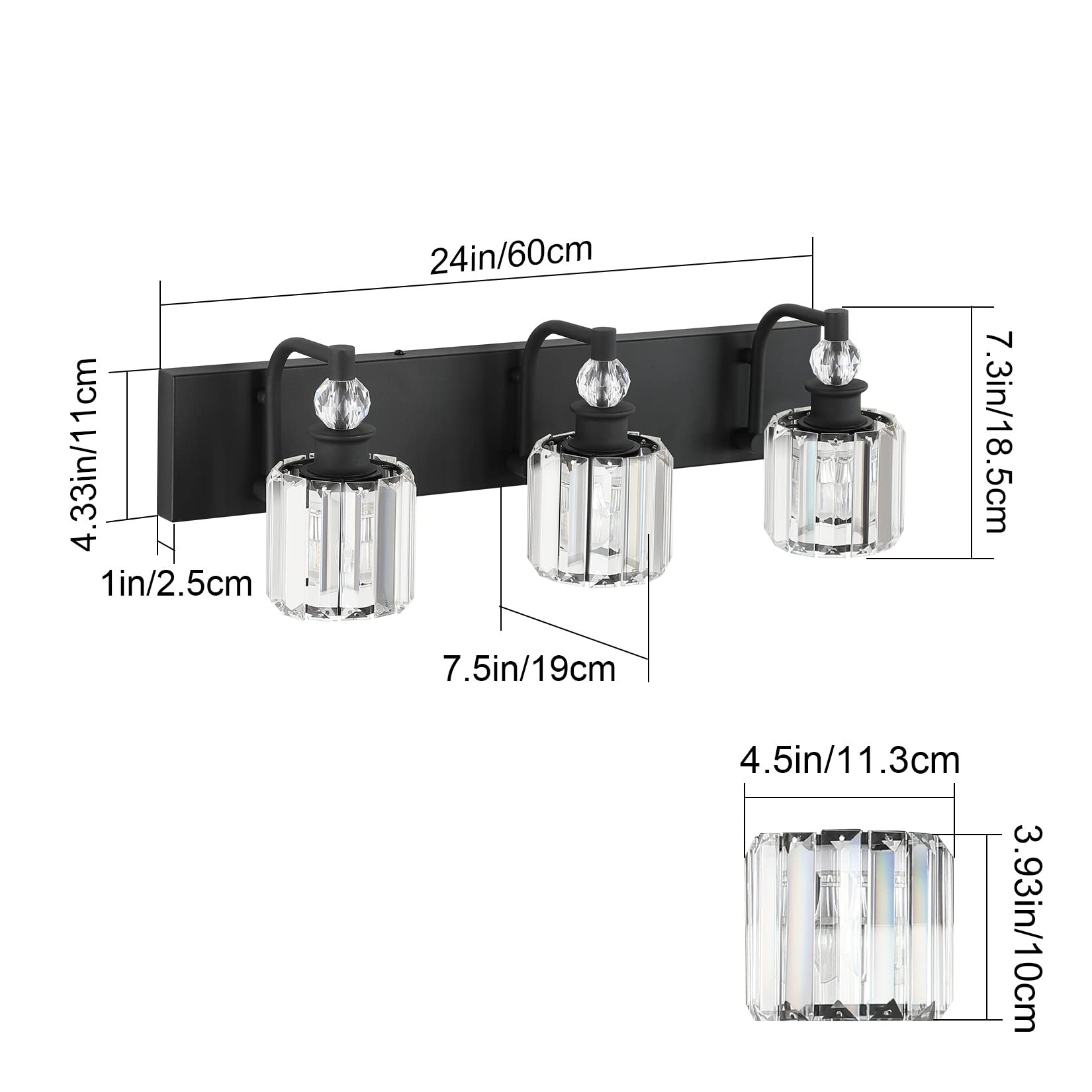 Ralbay 3-Light Black Crystal Bathroom Vanity Light Fixture - Modern Matte Black Wall Sconce for Mirror Lighting, Perfect for Bathroom, Powder Room, and Dressing Room Makeup Area