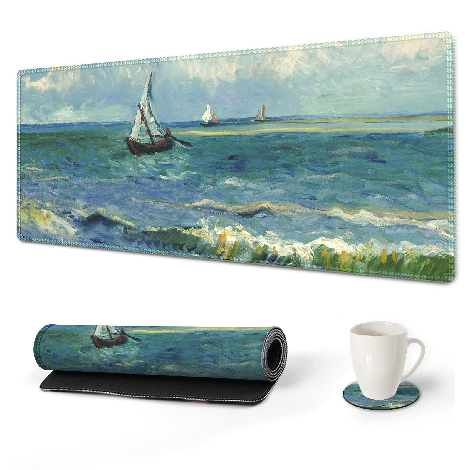 Van Gogh Inspired Large Gaming Mouse Pad - 35.1 x 15.7 Inch Extended Stitched Edge Keyboard Mat with Coaster | Waterproof Desk Mousepad for PC, Office & Home Use | Seascape Sailboat Art Design for Gamers & Professionals