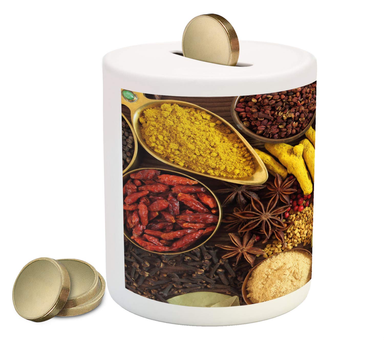 Ambesonne Ceramic Piggy Bank - Spice Themed Money Box with Traditional Herbs & Chili Illustration, 3.6
