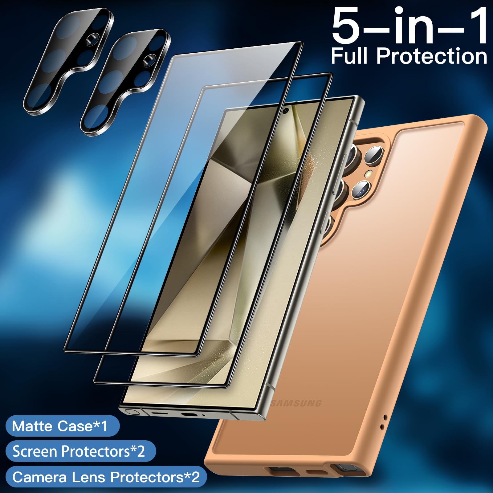 JETech 5-in-1 Matte Case for Samsung Galaxy S24 Ultra 5G - Shockproof Phone Cover with 2-Pack Tempered Glass Screen Protectors & Camera Lens Protector, Translucent Back Protective Case (Titanium Orange) - Perfect for Work, Travel & Outdoor Activities